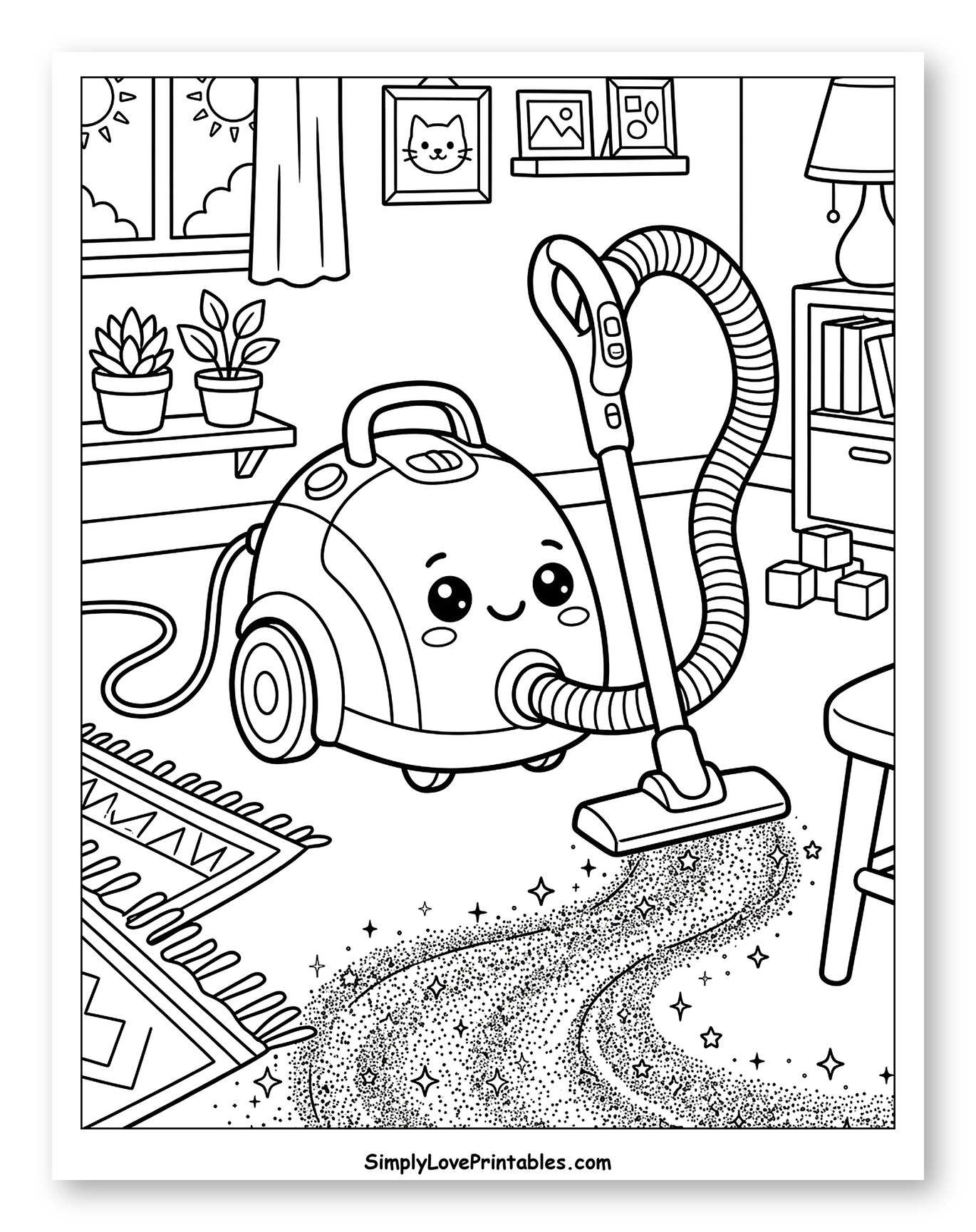 Cute Vacuum Cleaner Cleaning Sparkly Dust Coloring Sheet for Kids