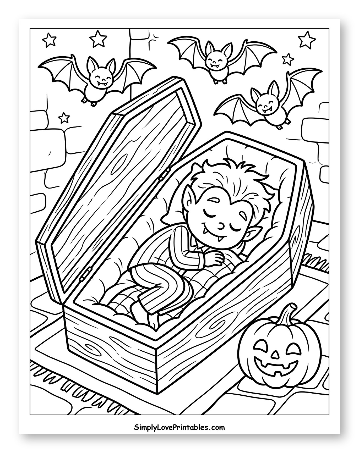 Cute Vampire Baby Sleeping in Coffin to Color for Kids