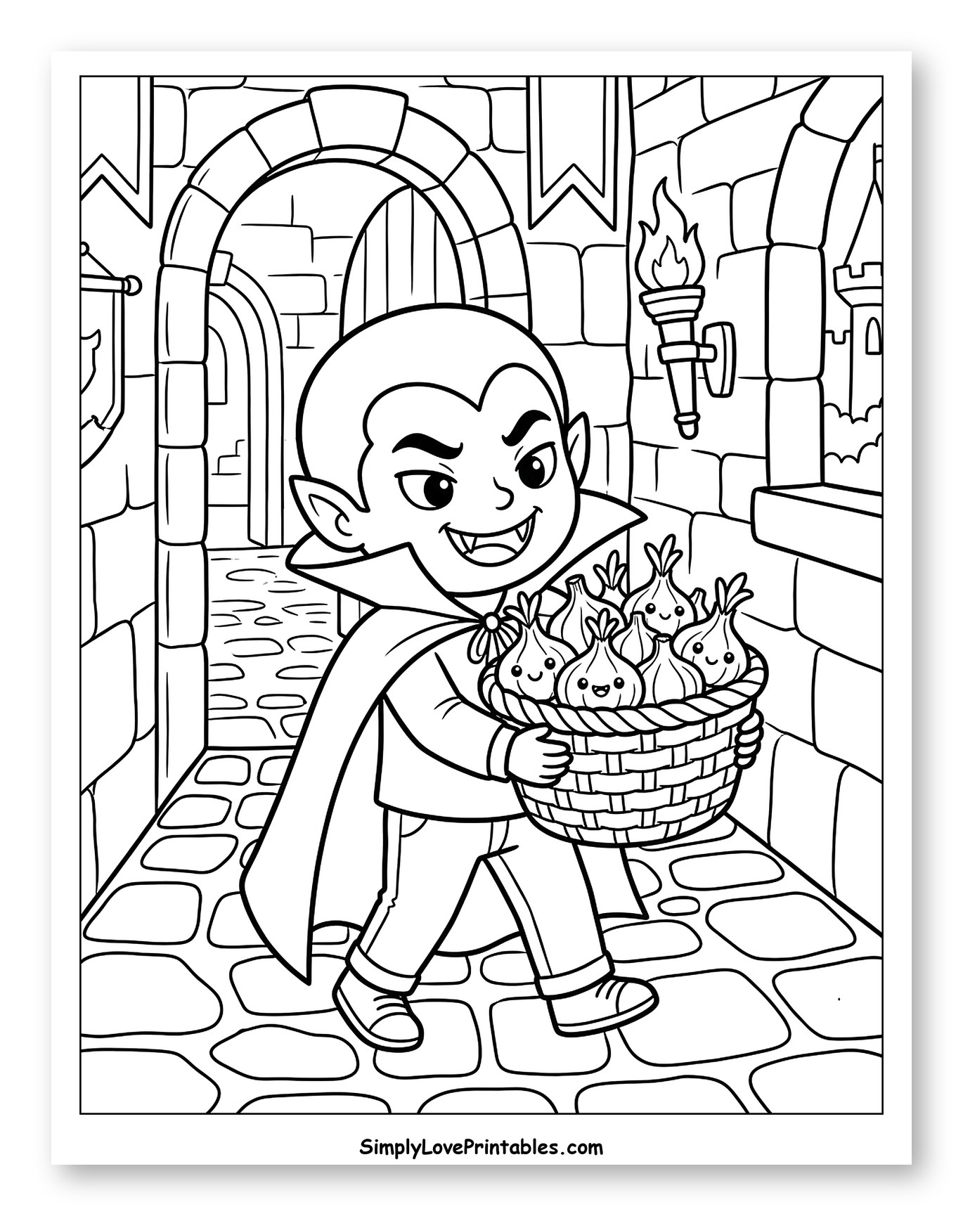 Cute Vampire Carrying Basket of Smiling Garlic Coloring Page for Kids