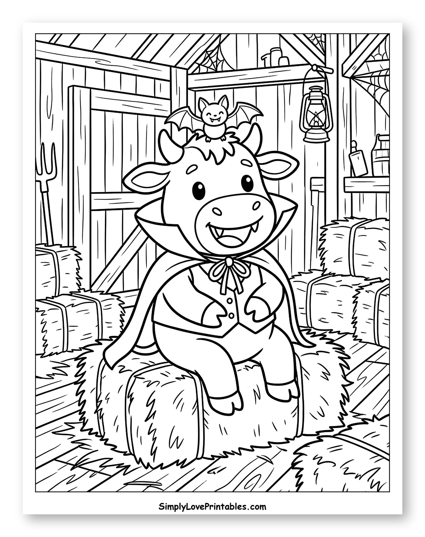Cute Vampire Cow with Bat in Barn Coloring Page for Kids