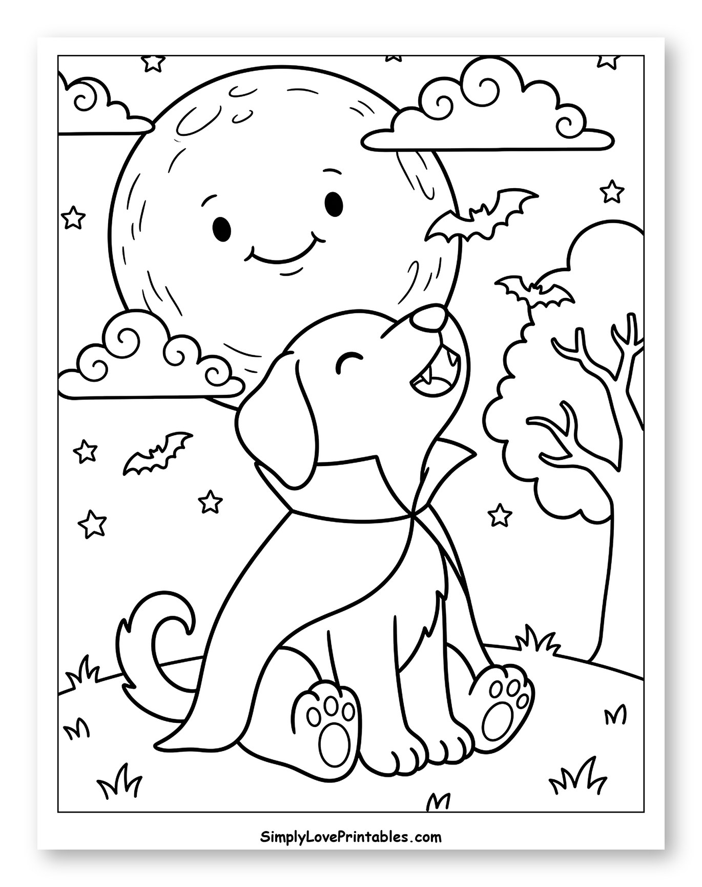 Cute Vampire Dog Howling at Smiling Moon Coloring Page for Kids