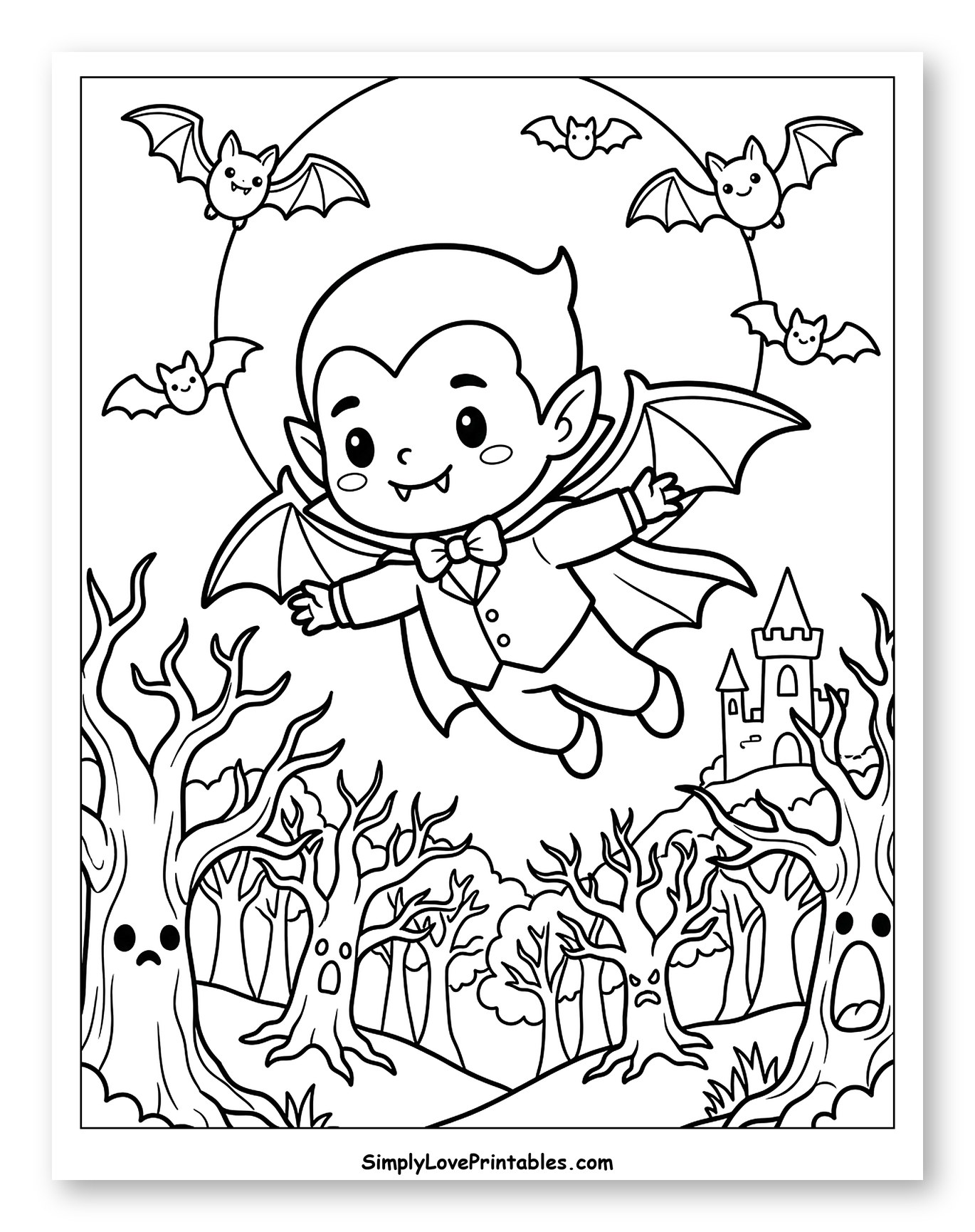 Cute Vampire Flies Over Spooky Forest
