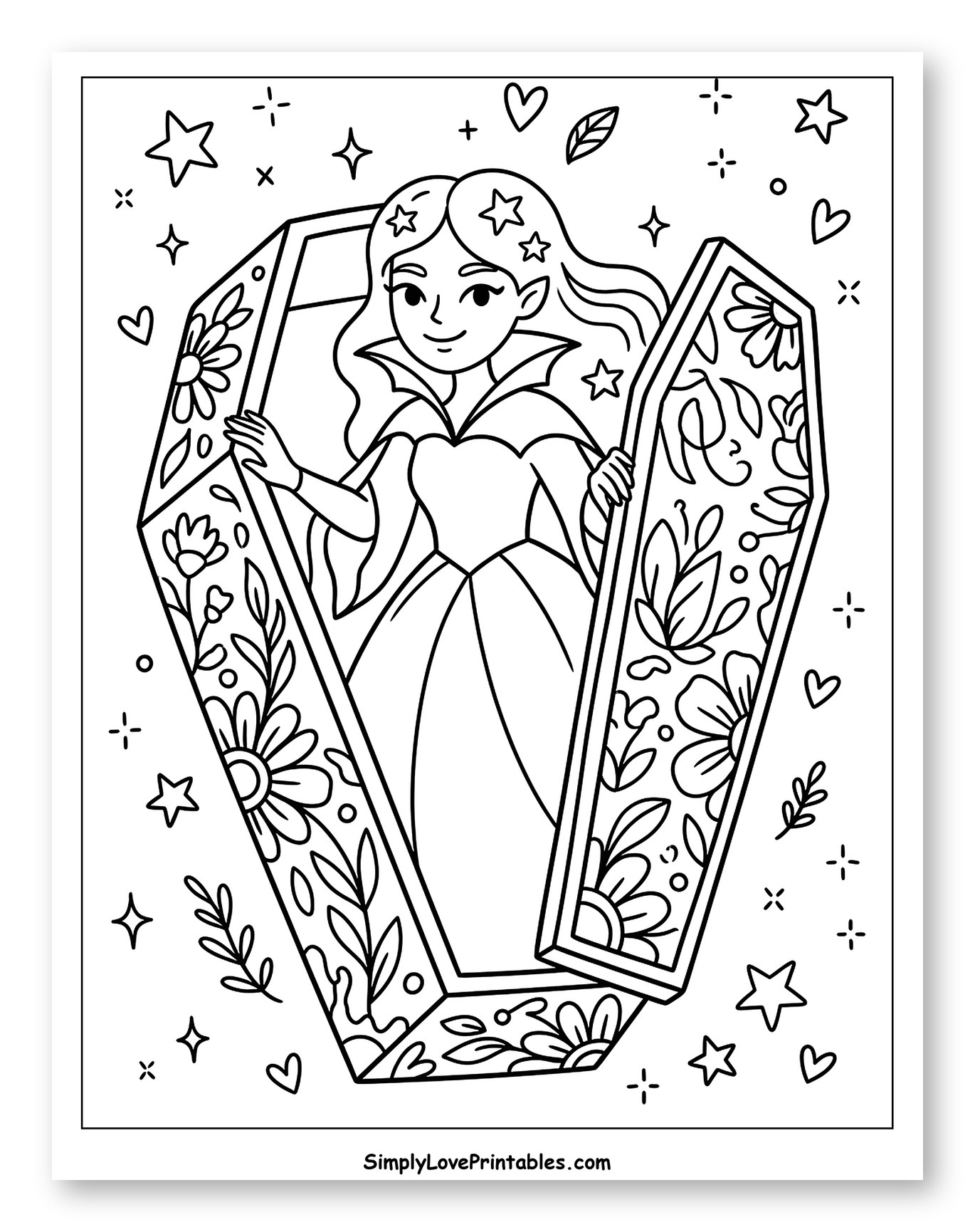 Cute Vampire Girl Emerging from Floral Coffin Coloring Sheet for Adults