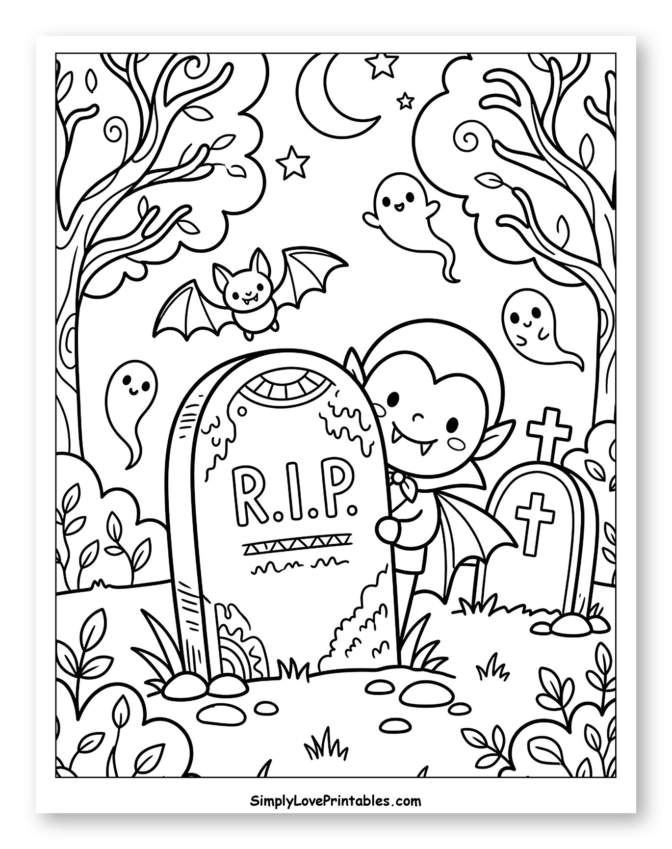 Cute Vampire in Graveyard with Ghosts and Bat