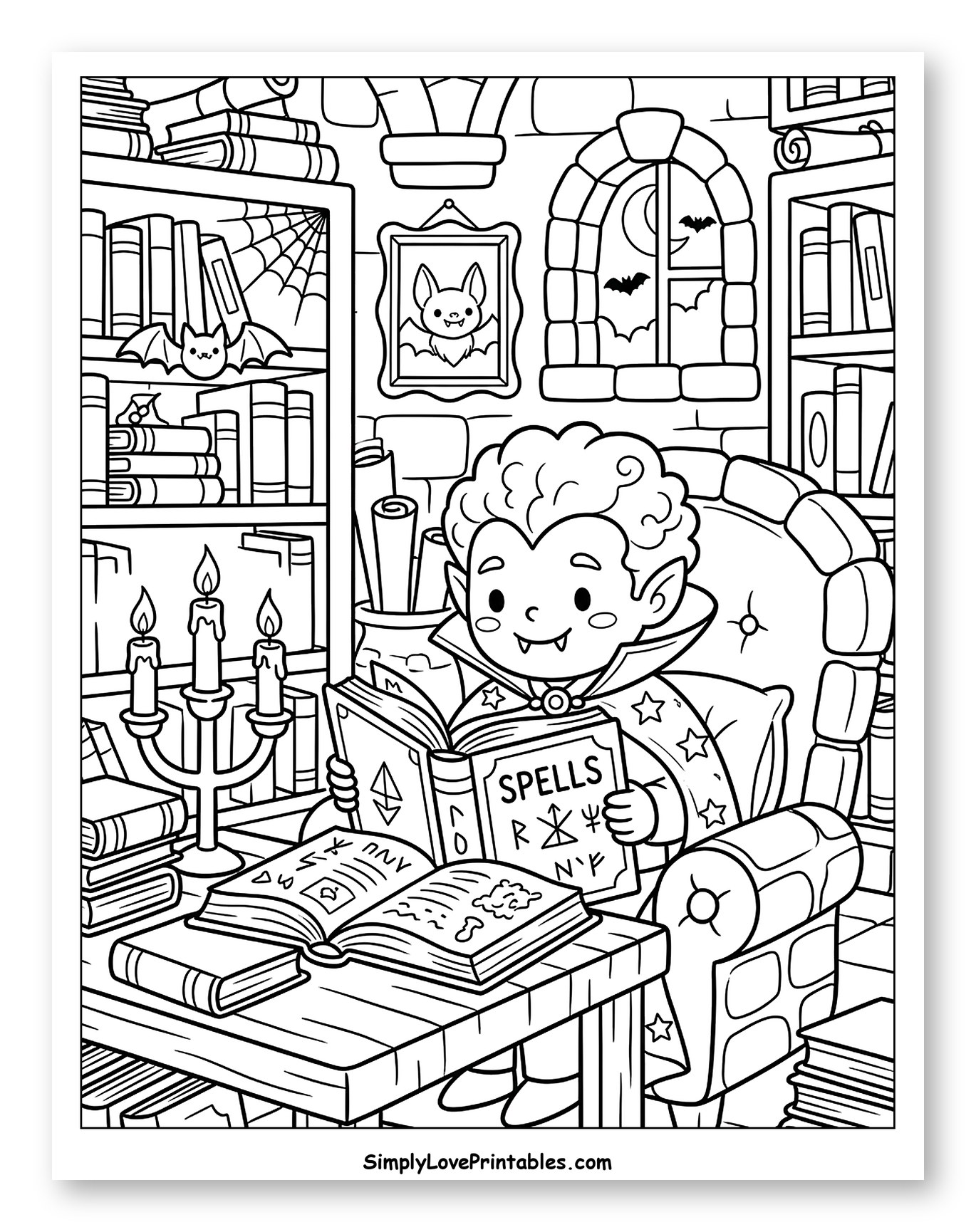 Cute Vampire Reading Spells in Library