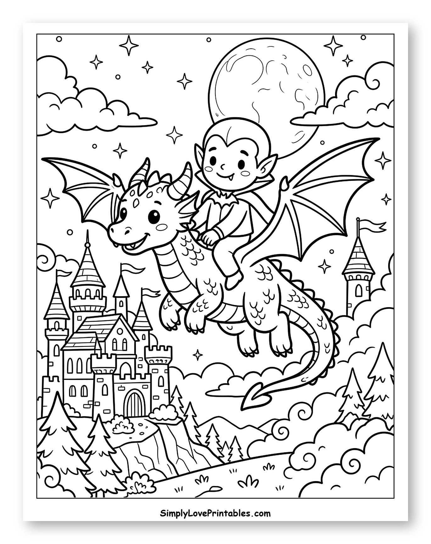 Cute Vampire Riding Dragon Flying Over Castle Coloring Sheet for Kids