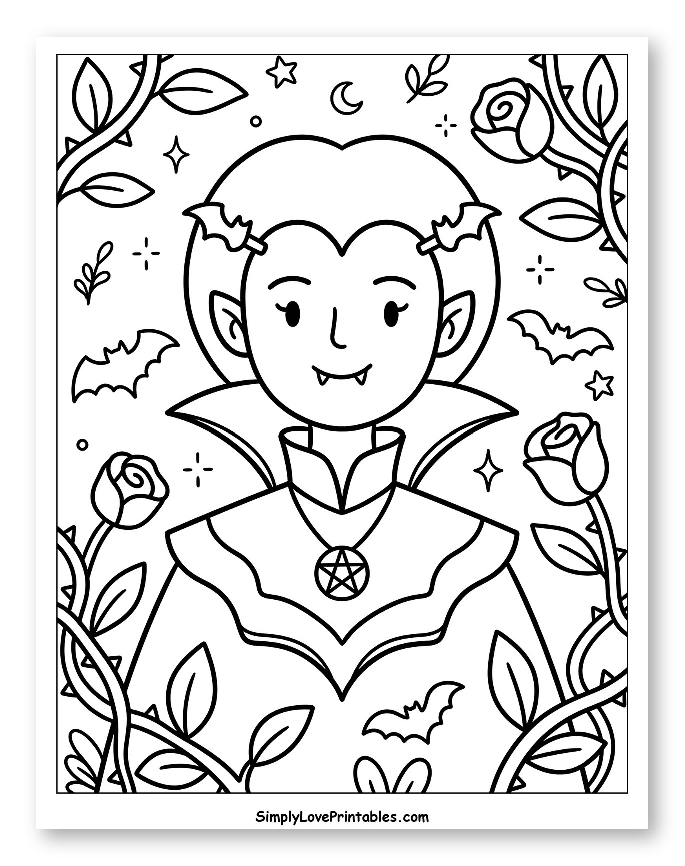 Cute Vampire with Roses and Bats to Color for Adults