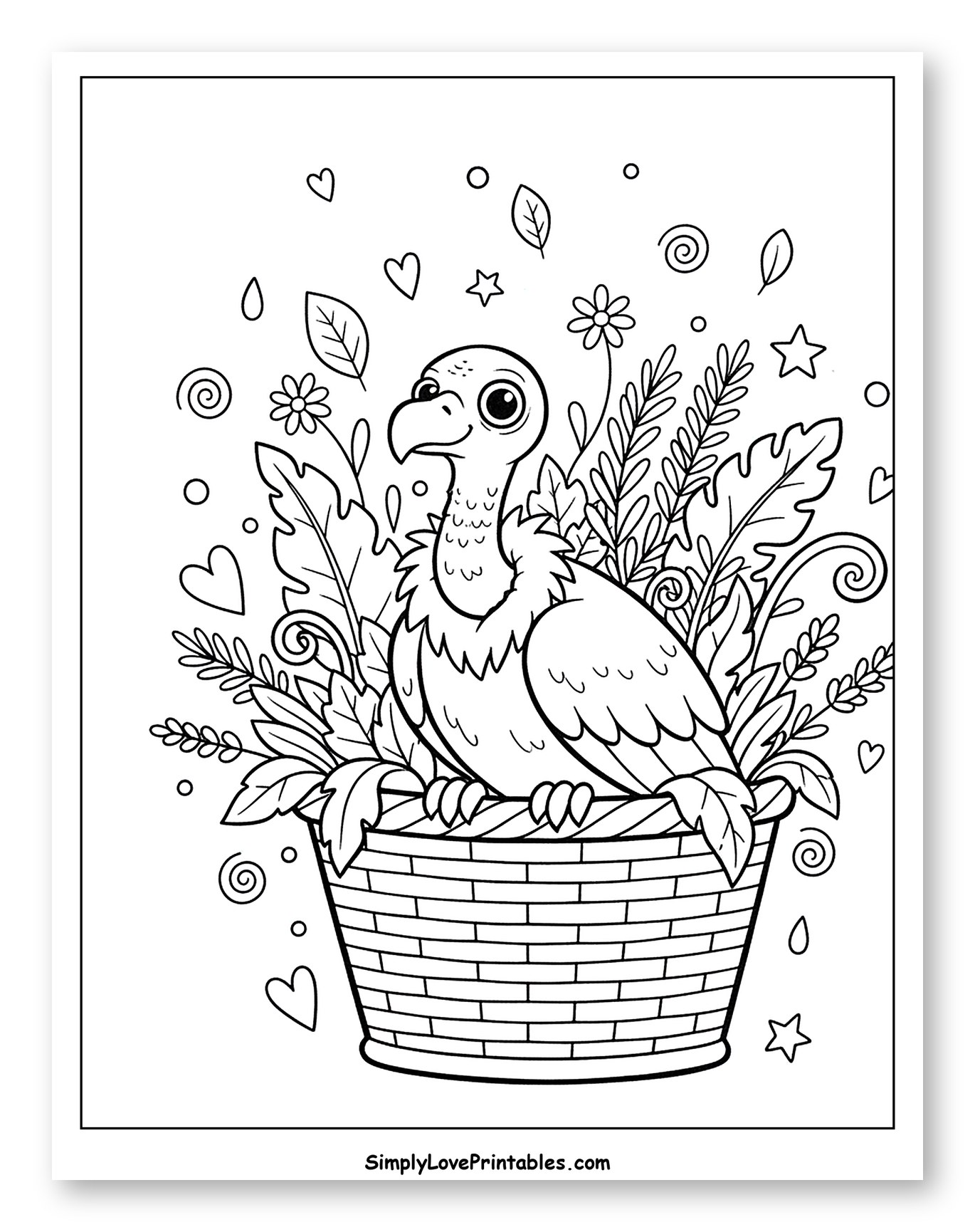 Cute Vulture Sitting in a Floral Basket Coloring Sheet for Adults
