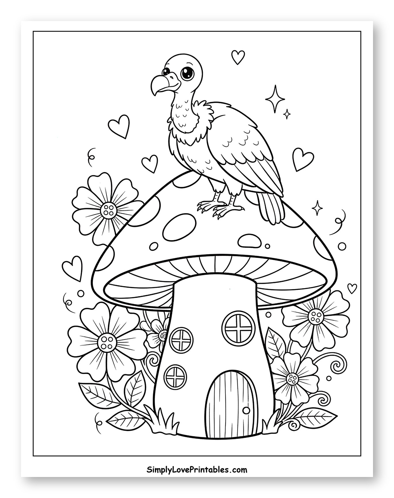 Cute Vulture Sitting on a Mushroom House to Color for Adults
