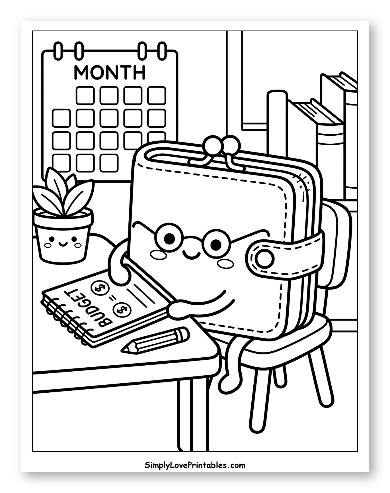 Cute Wallet Character Budgeting at Desk Coloring Page for Kids