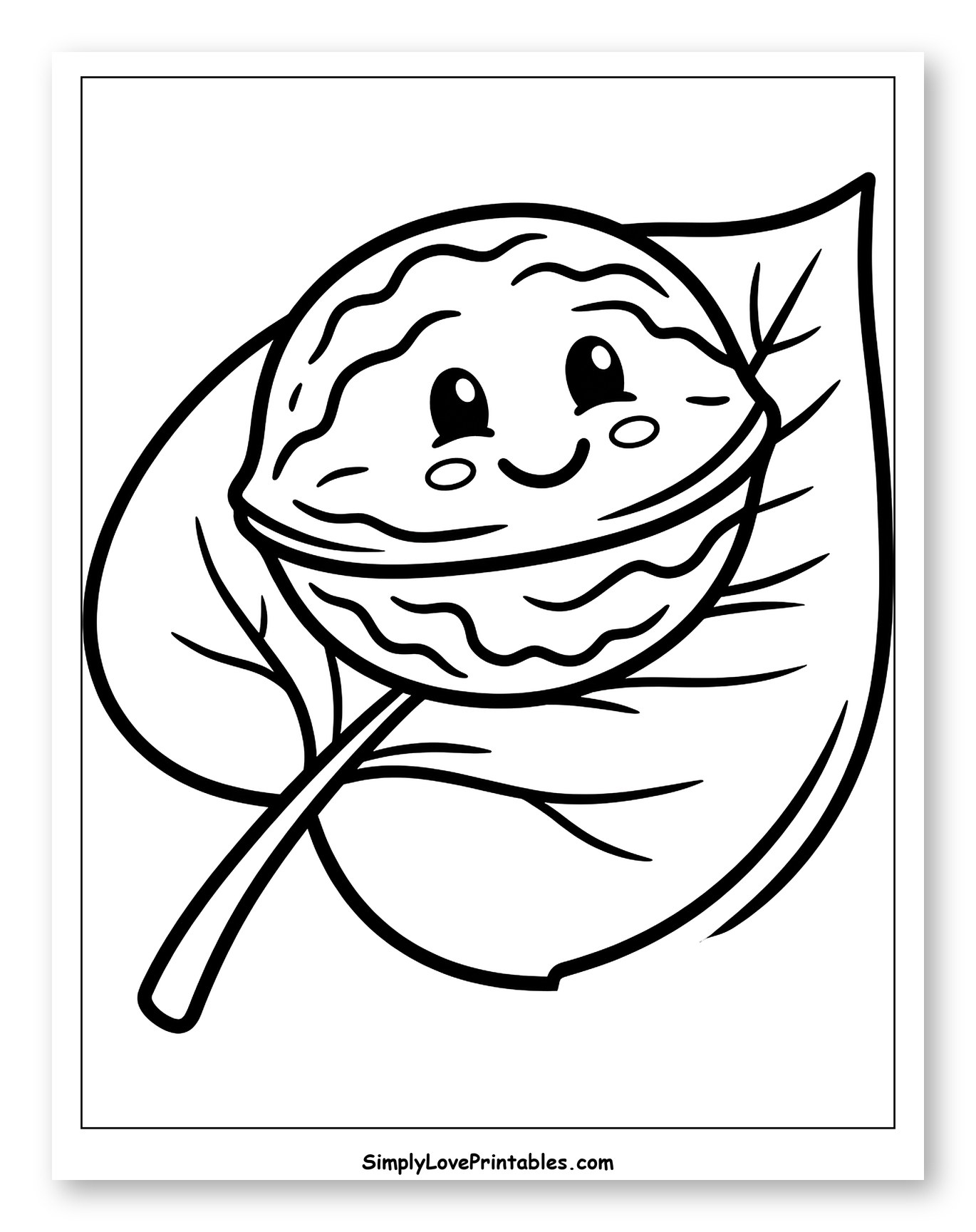 Cute Walnut with a Face on a Leaf to Color for Toddlers
