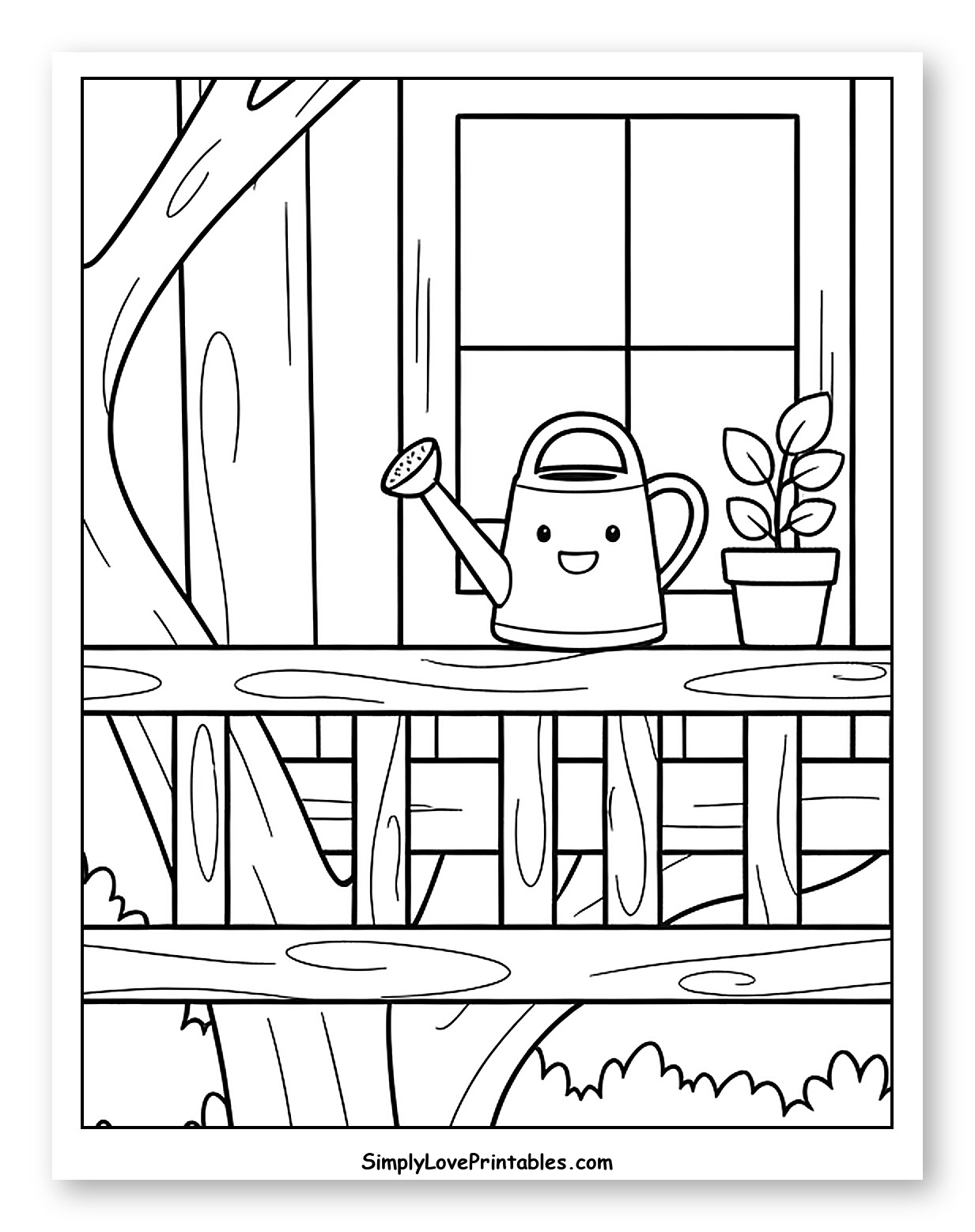 Cute Watering Can and Plant on Treehouse Balcony