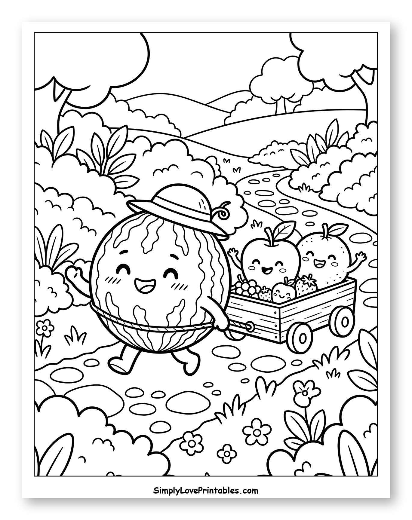 Cute Watermelon Pulling Wagon of Fruit Friends