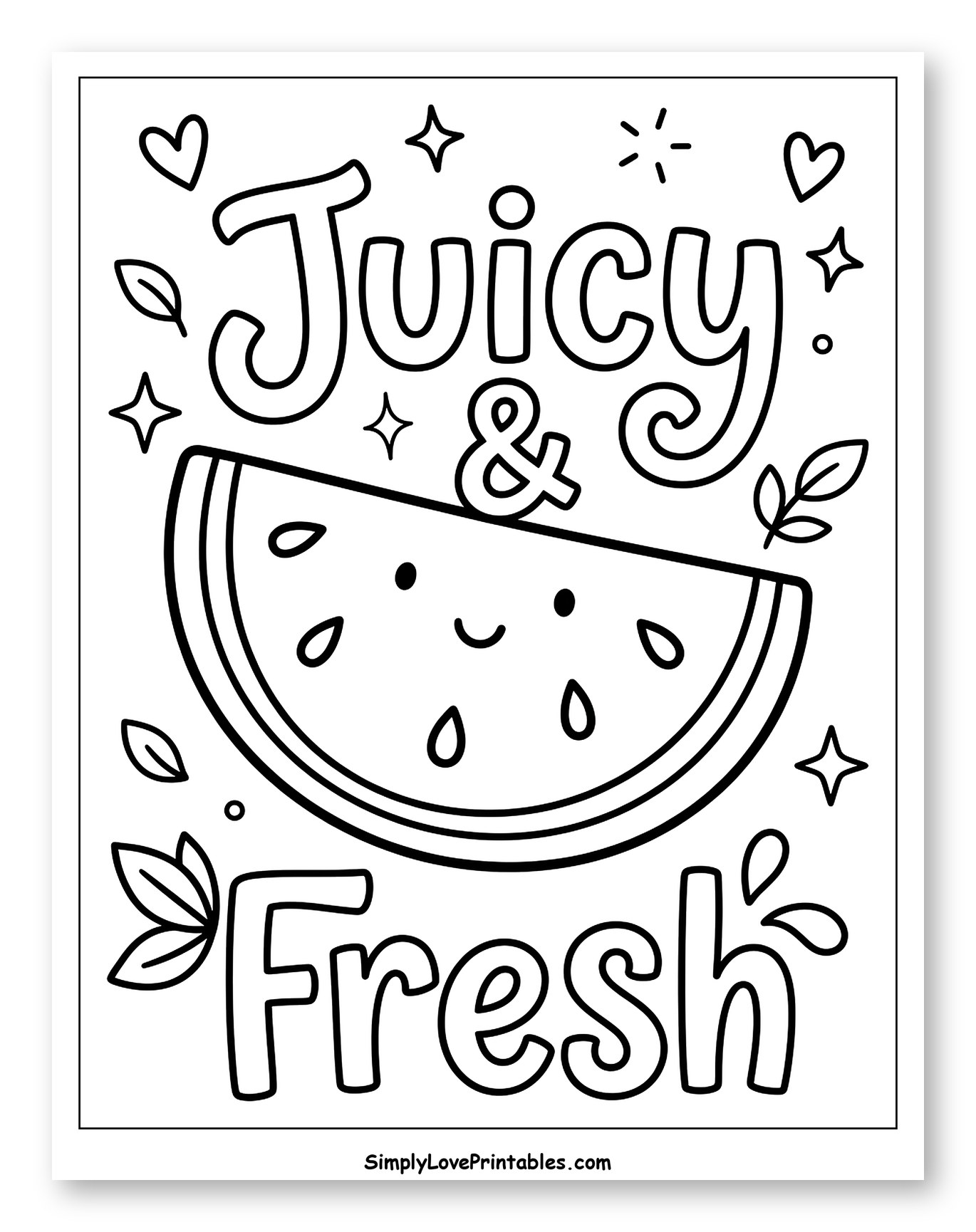 Cute Watermelon Slice with Juicy and Fresh Text Coloring Page for Adults