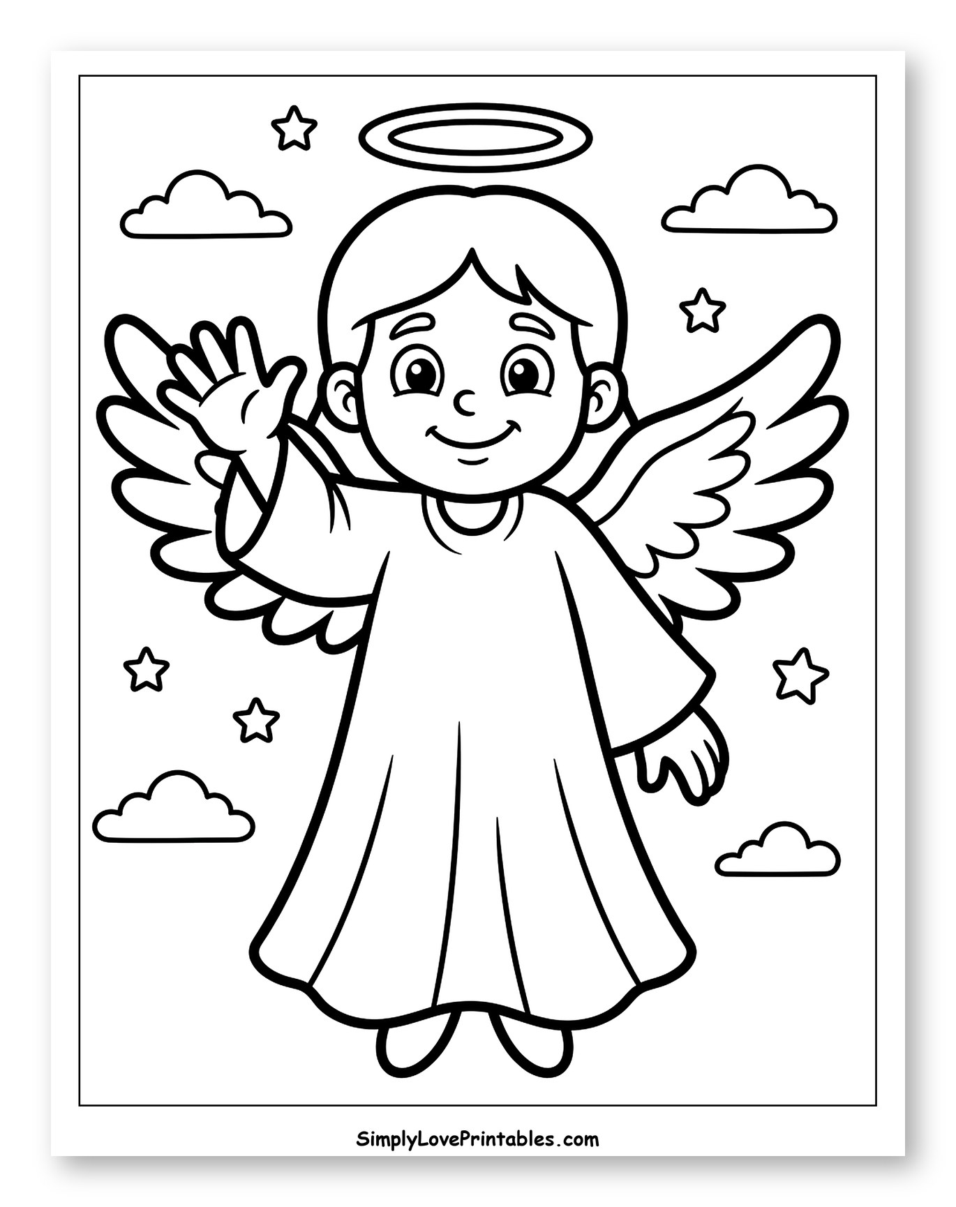Cute Waving Angel with Halo and Wings Coloring Sheet for Toddlers