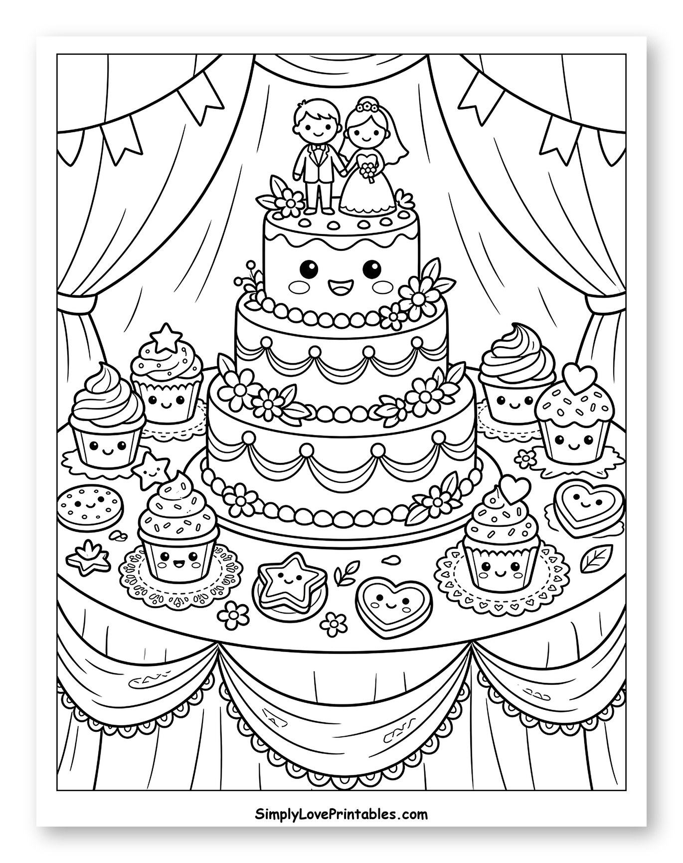 Cute Wedding Cake and Sweets Display Coloring Page for Kids