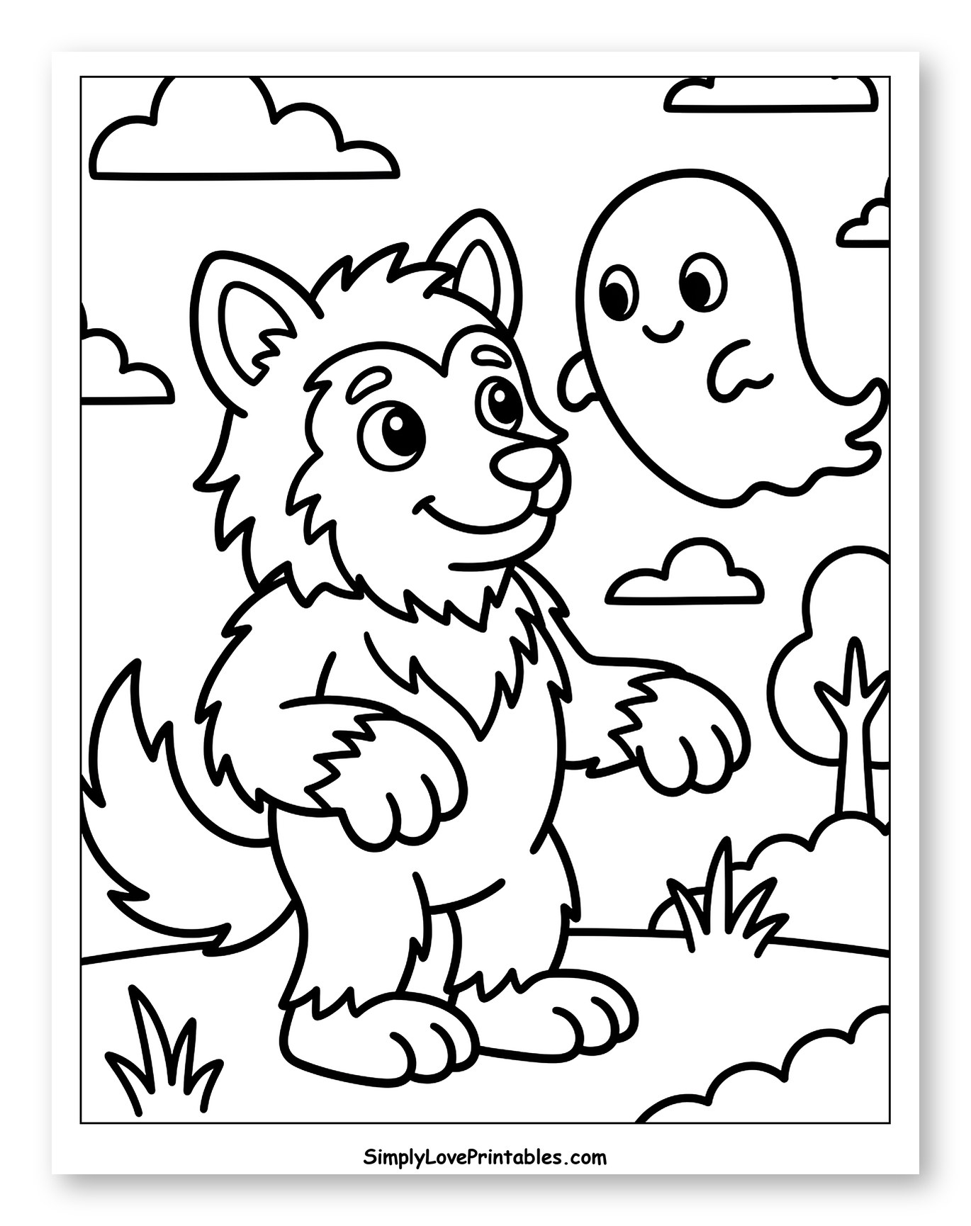 Cute Werewolf and Friendly Ghost Outdoors to Color for Toddlers