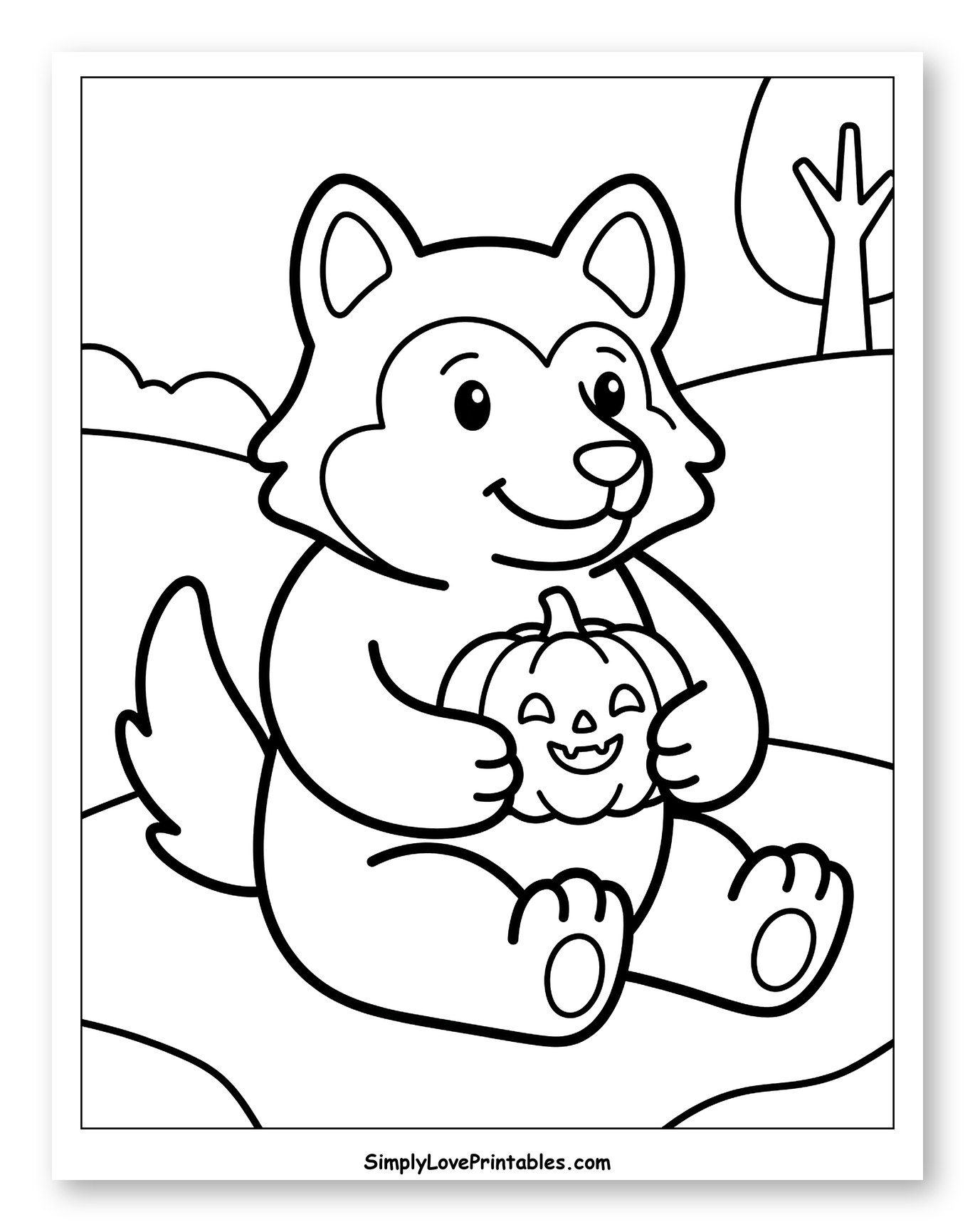 Cute Werewolf Holding a Jack-o'-Lantern Coloring Sheet for Toddlers