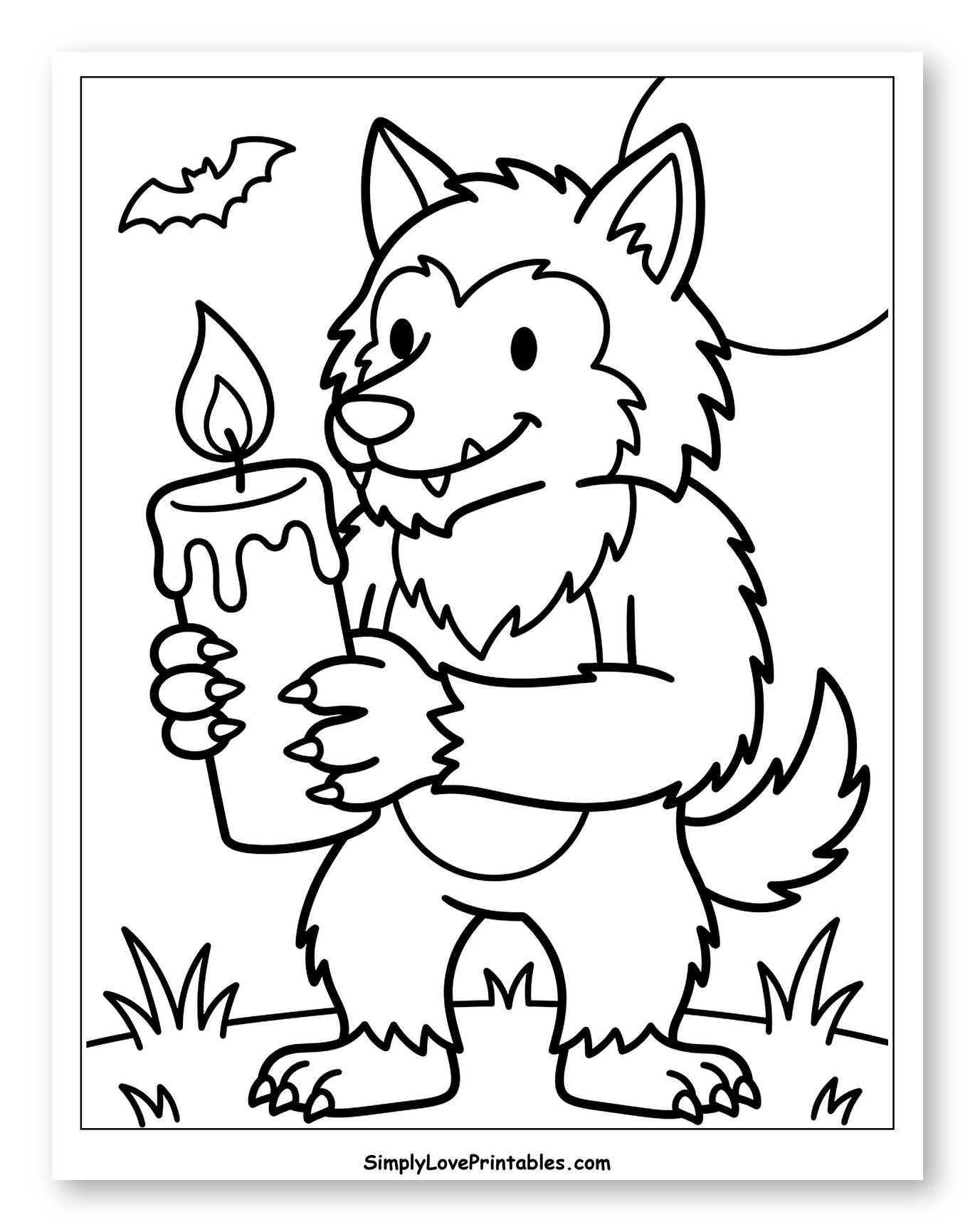 Cute Werewolf Holding a Lit Candle Coloring Sheet for Toddlers