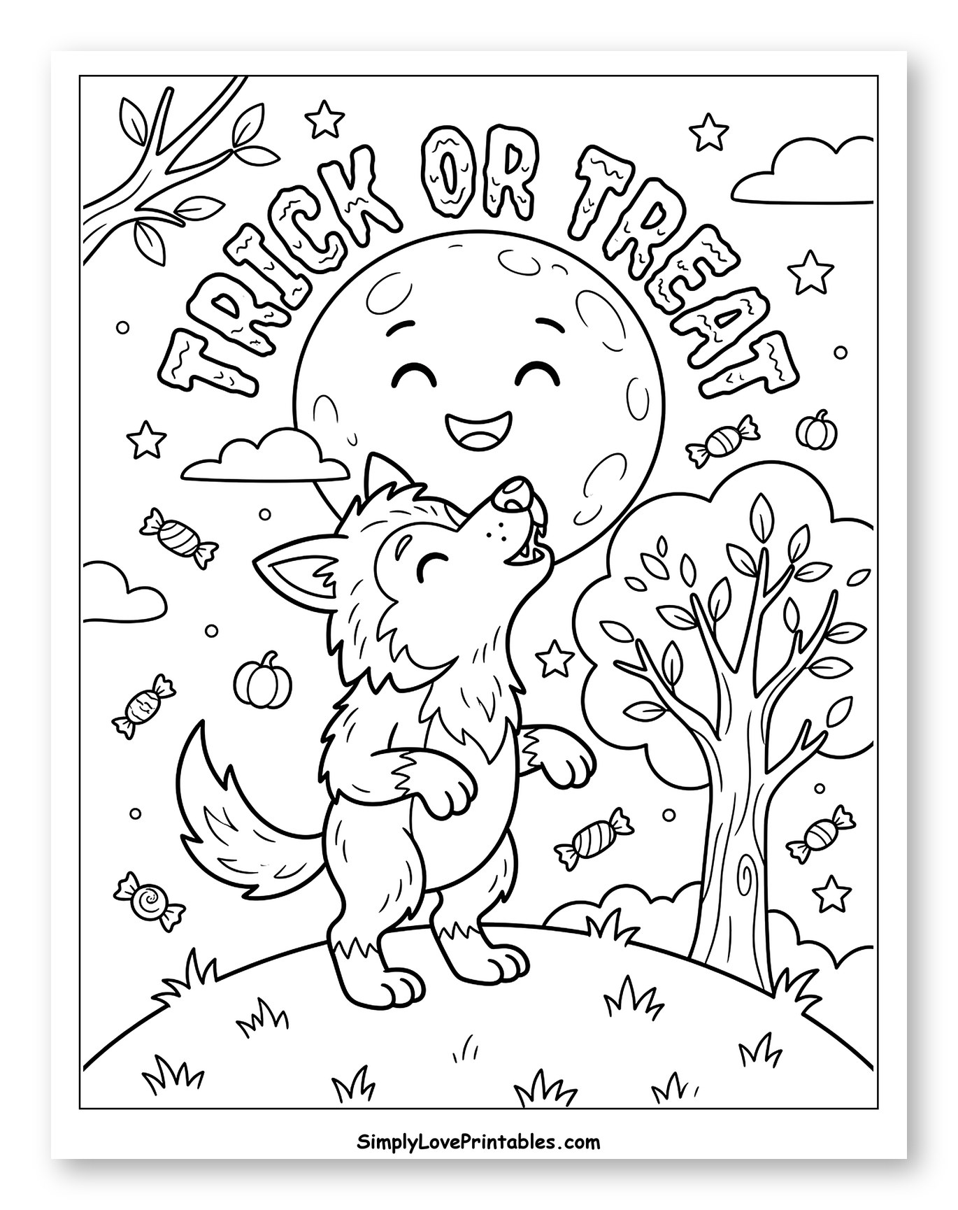 Cute Werewolf Howling at Smiling Halloween Moon