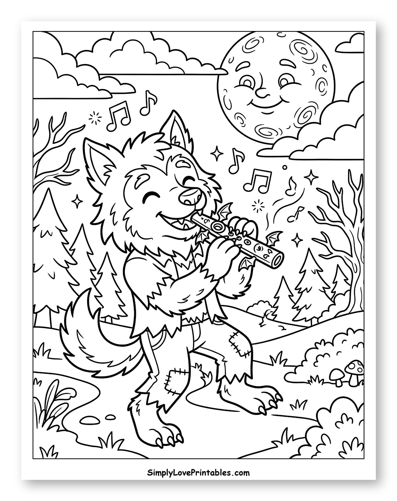 Cute Werewolf Playing Flute Under Smiling Moon