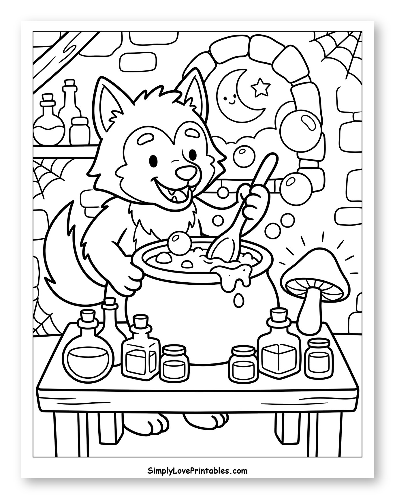 Cute Werewolf Stirring a Magical Cauldron to Color for Kids