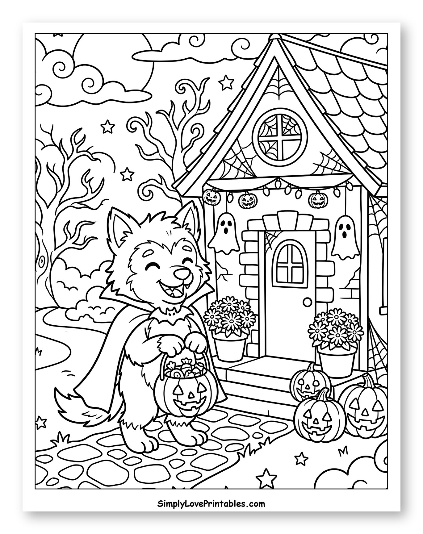 Cute Werewolf Trick-or-Treating at a Spooky House Coloring Sheet for Kids