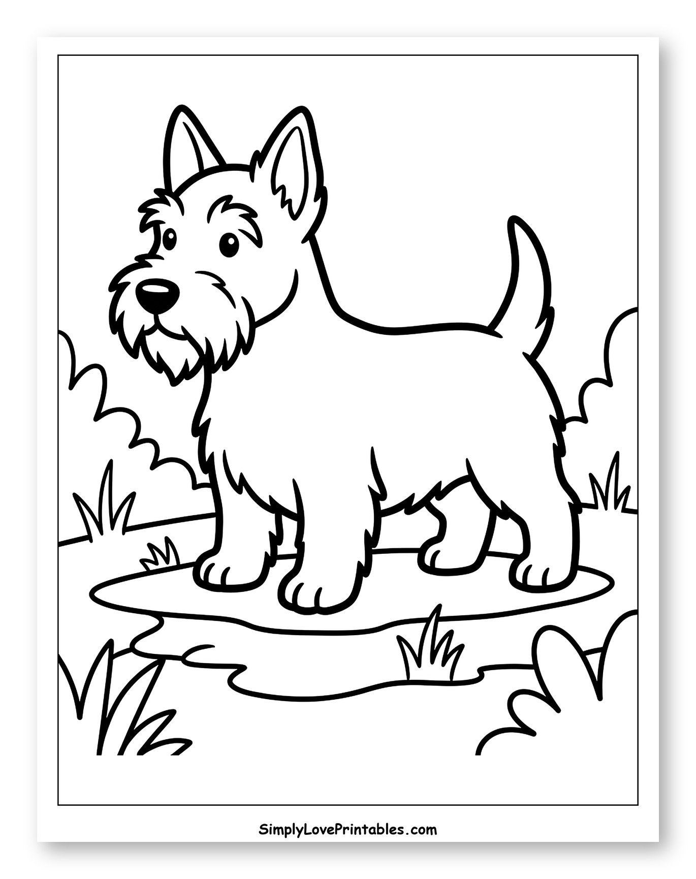 Cute Westie Dog Standing in Grass Coloring Page for Toddlers