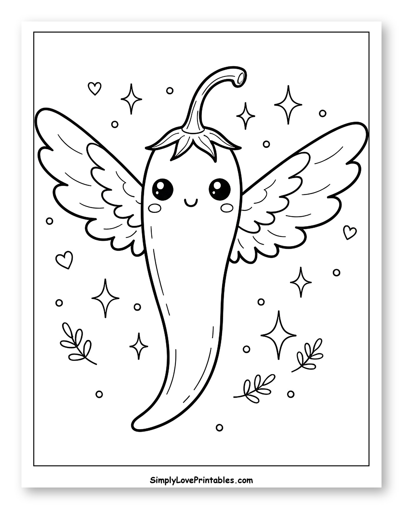 Cute Winged Chili Pepper with Sparkles Coloring Sheet for Adults