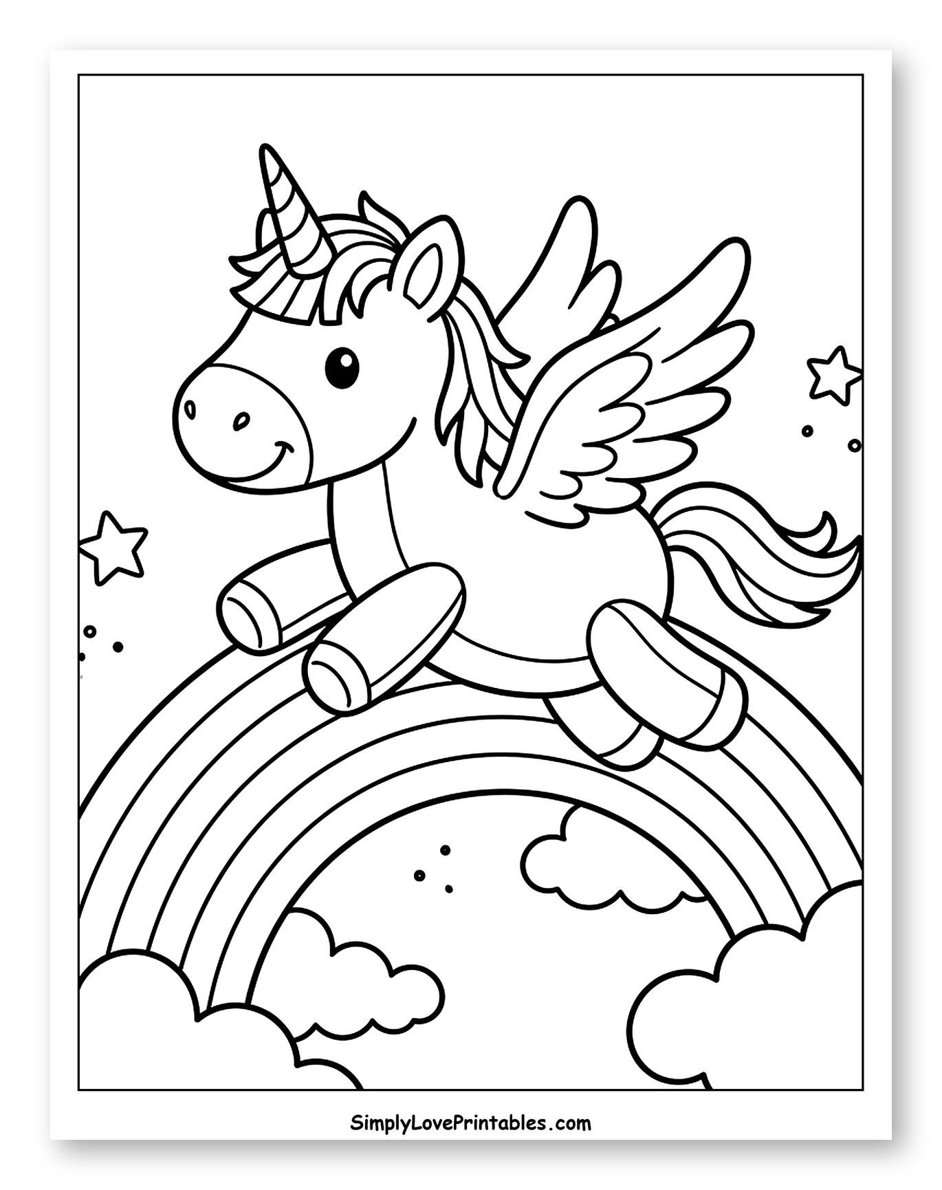 Cute Winged Unicorn Riding a Rainbow to Color for Kids
