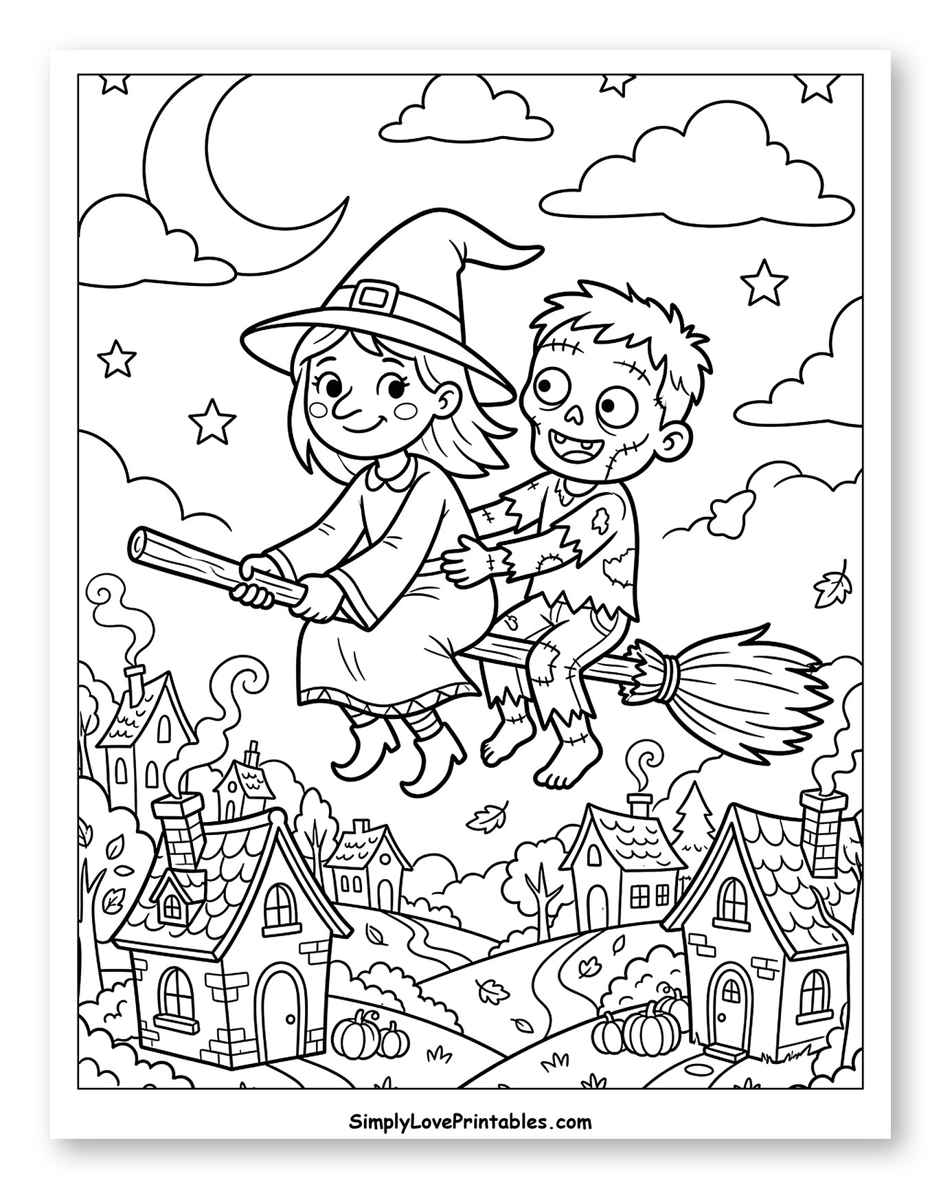 Cute Witch and Zombie Flying on a Broom to Color for Kids