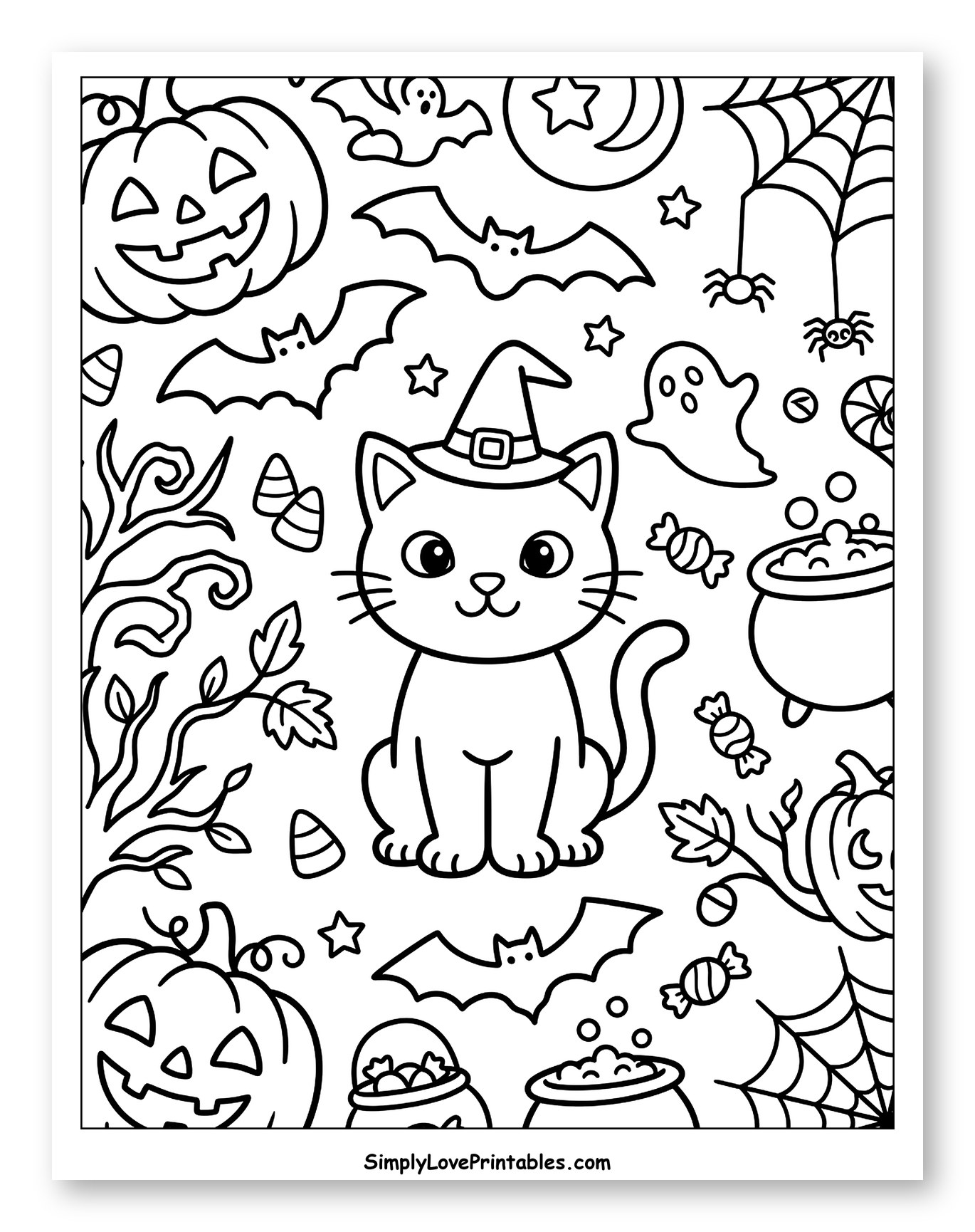 Cute Witch Cat and Spooky Halloween Elements
