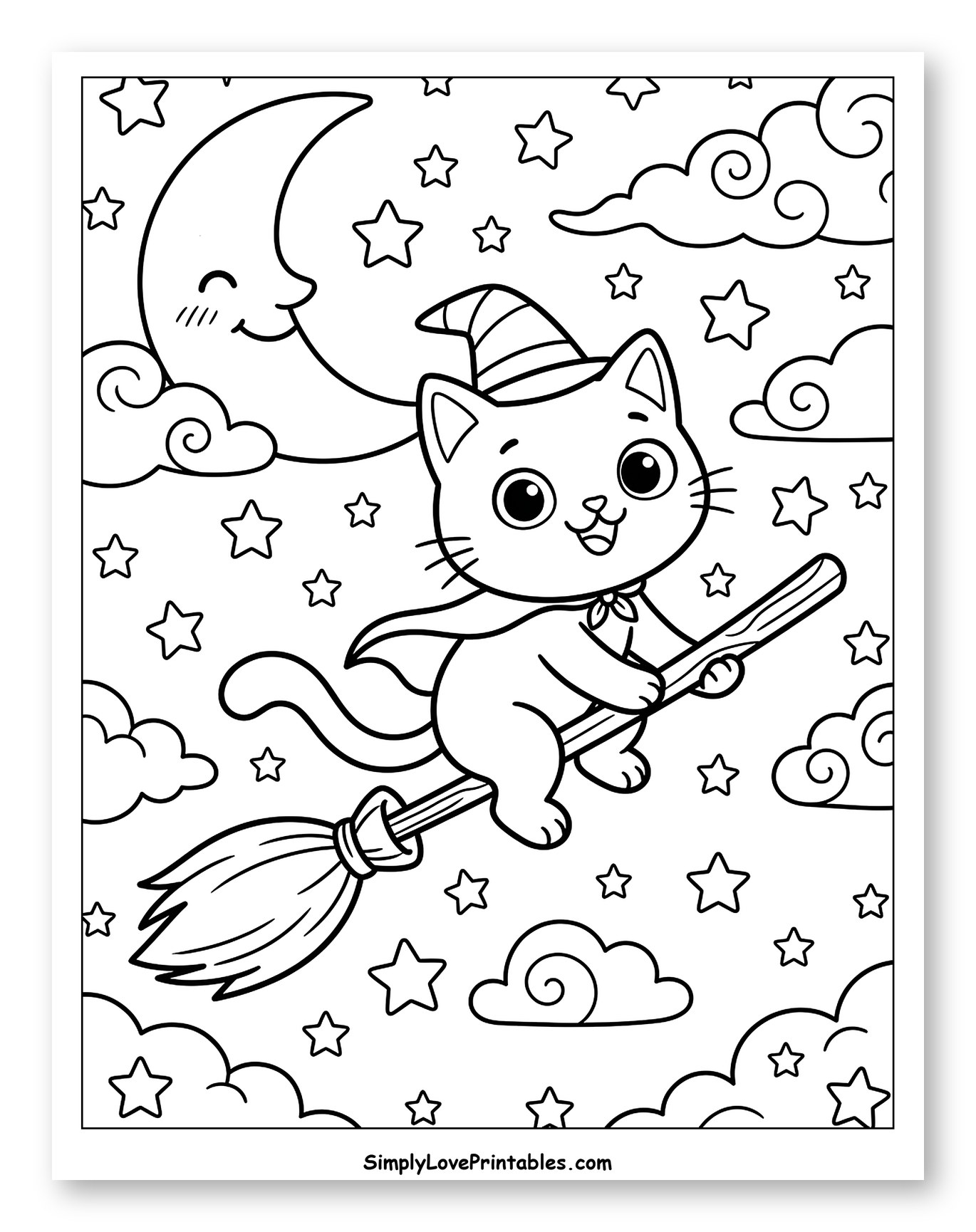 Cute Witch Cat Flying on a Broomstick