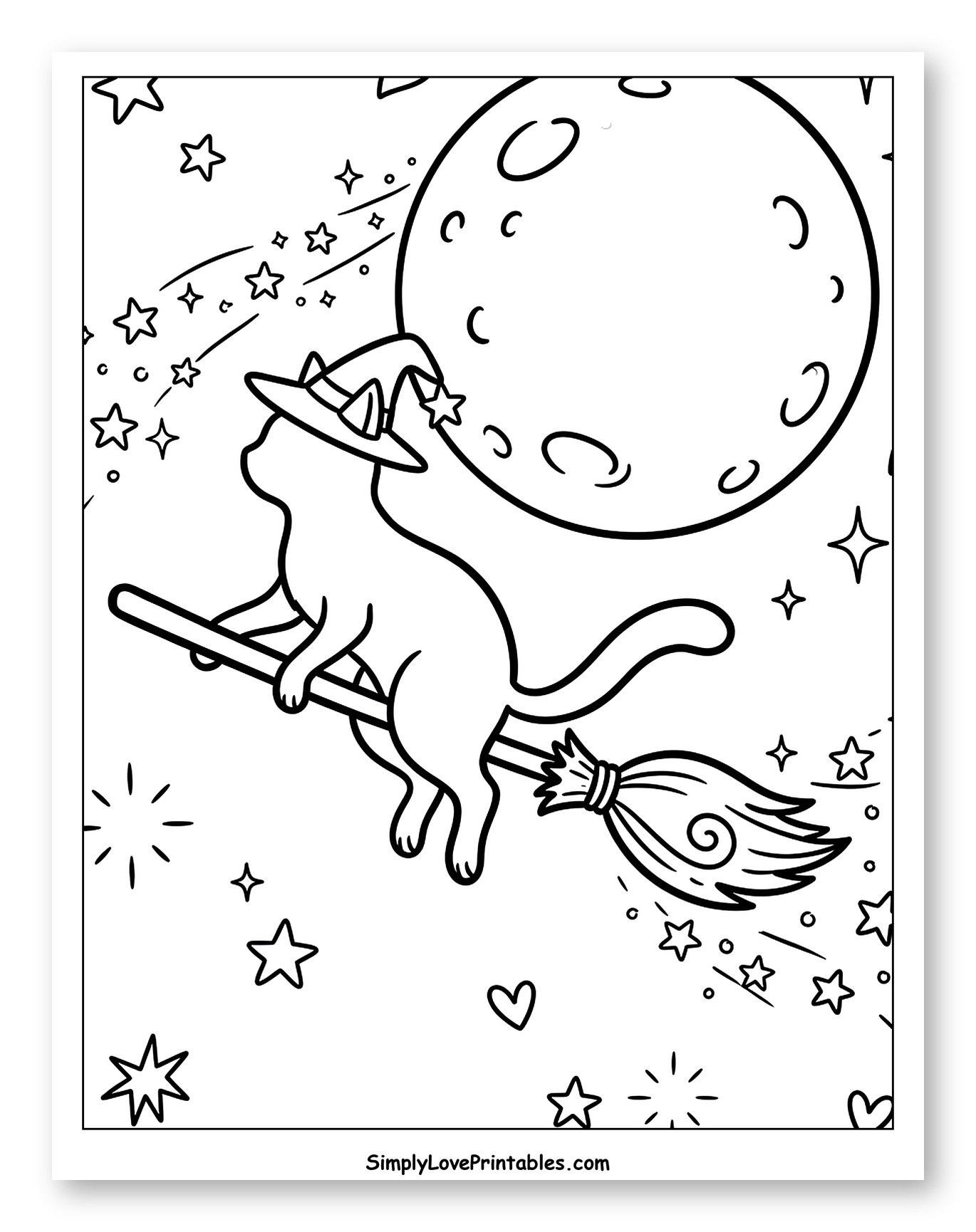 Cute Witch Cat Flying on Broom Under Moon