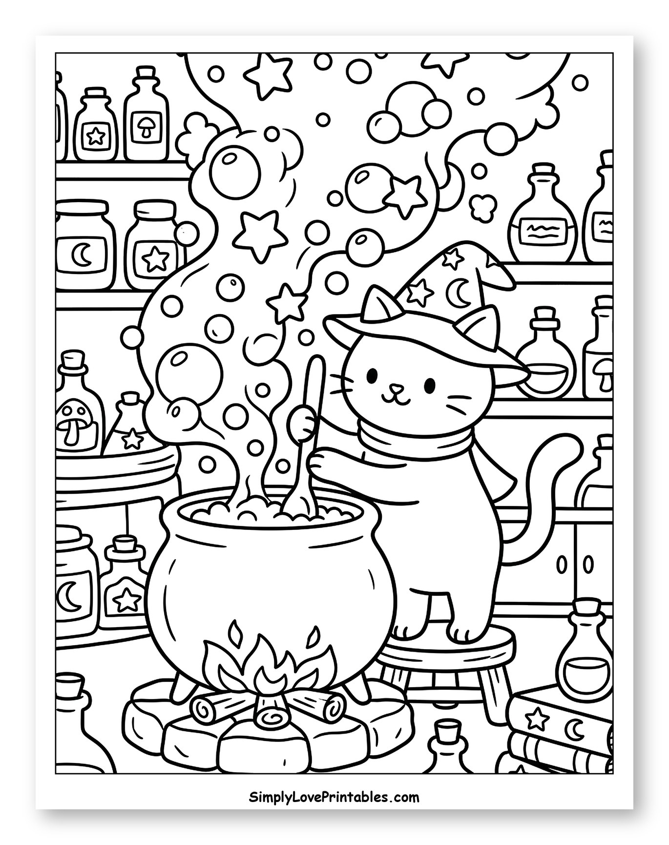 Cute Witch Cat Stirring a Magical Cauldron Coloring Sheet for Kids