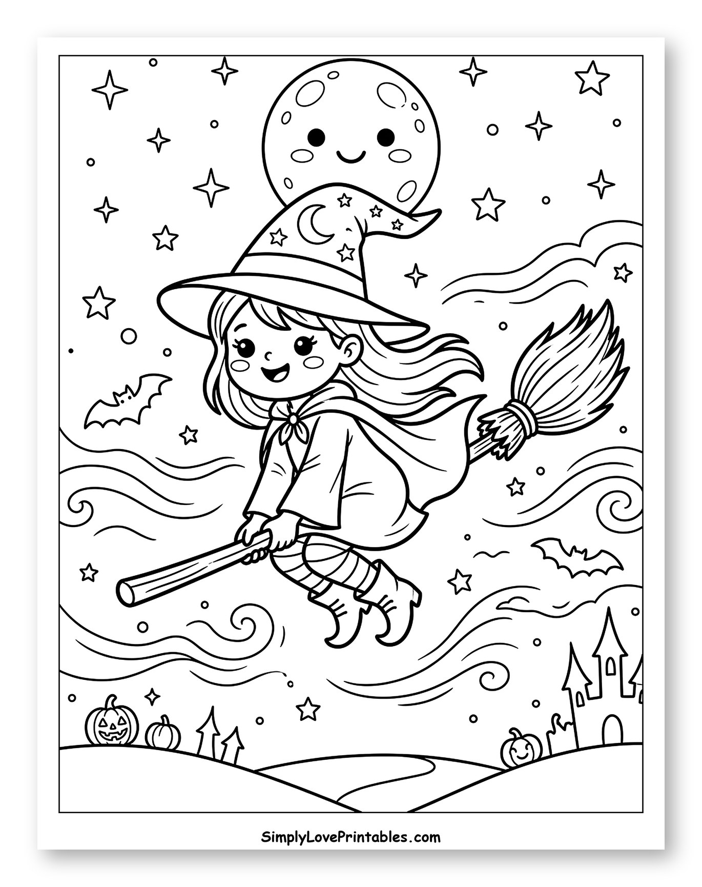 Cute Witch Flying on Broom with Happy Moon