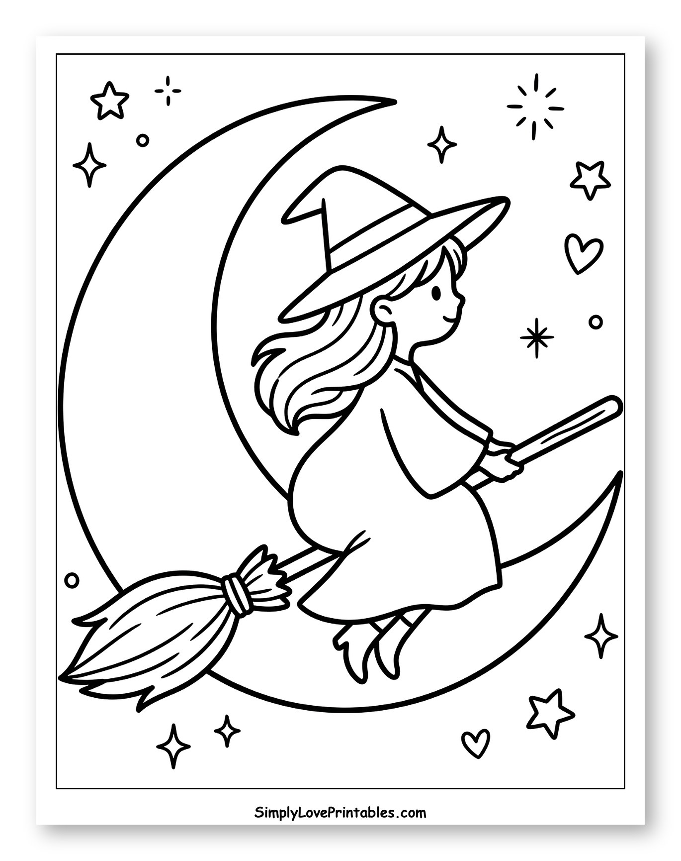 Cute Witch Flying on Moon with Broomstick Coloring Page for Adults
