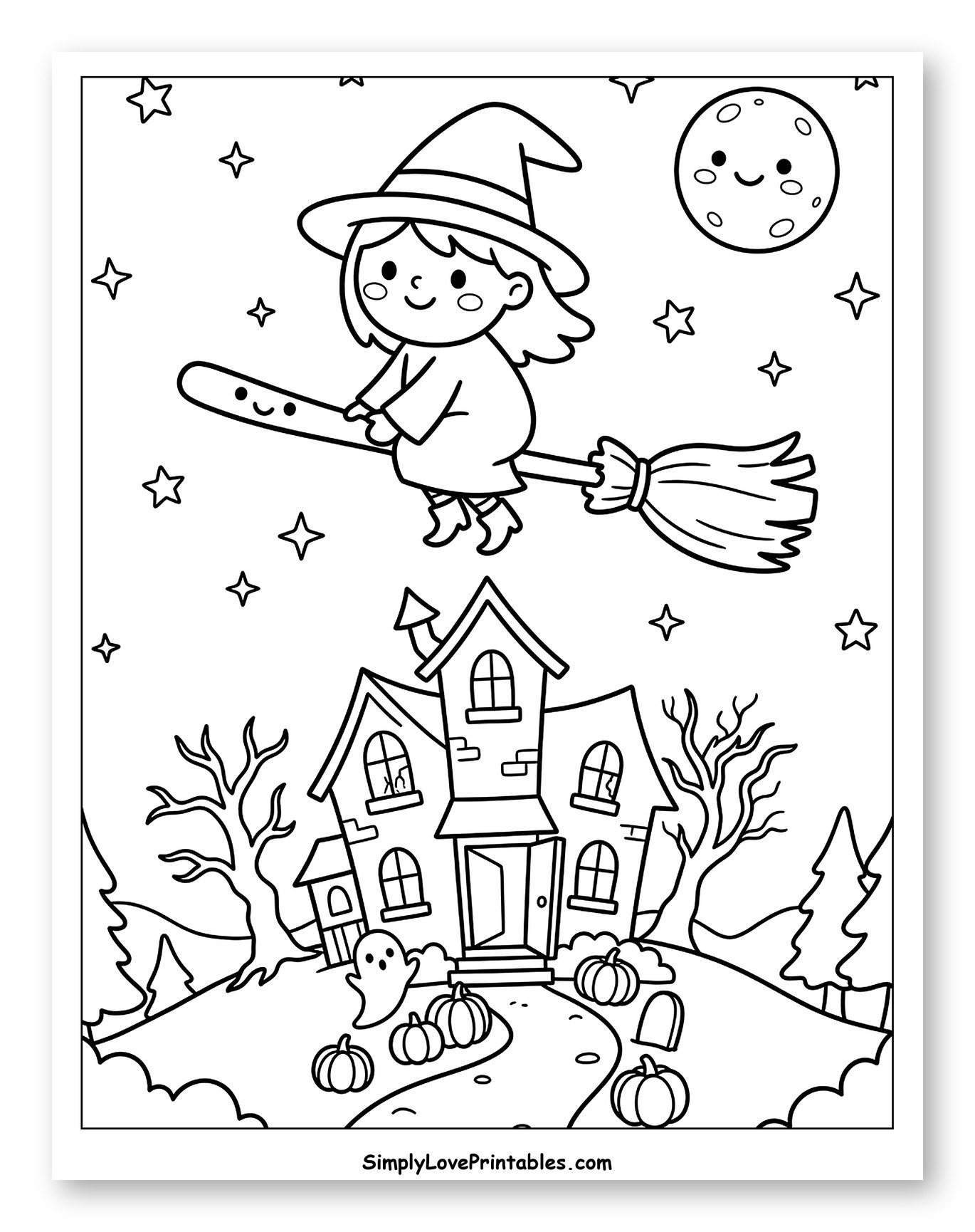 Cute Witch Flying Over Haunted House Scene to Color for Kids