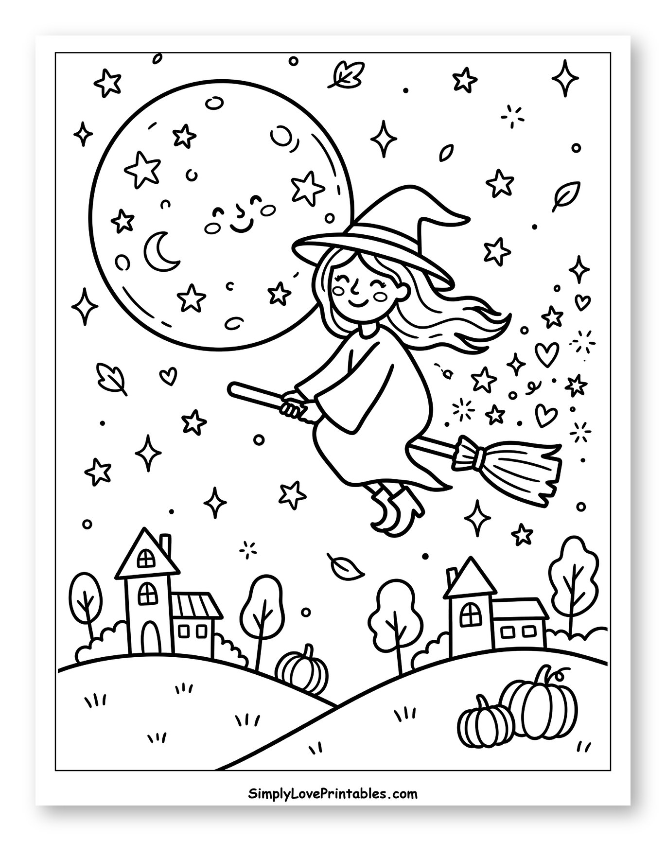 Cute Witch Flying with a Friendly Moon Coloring Page for Adults