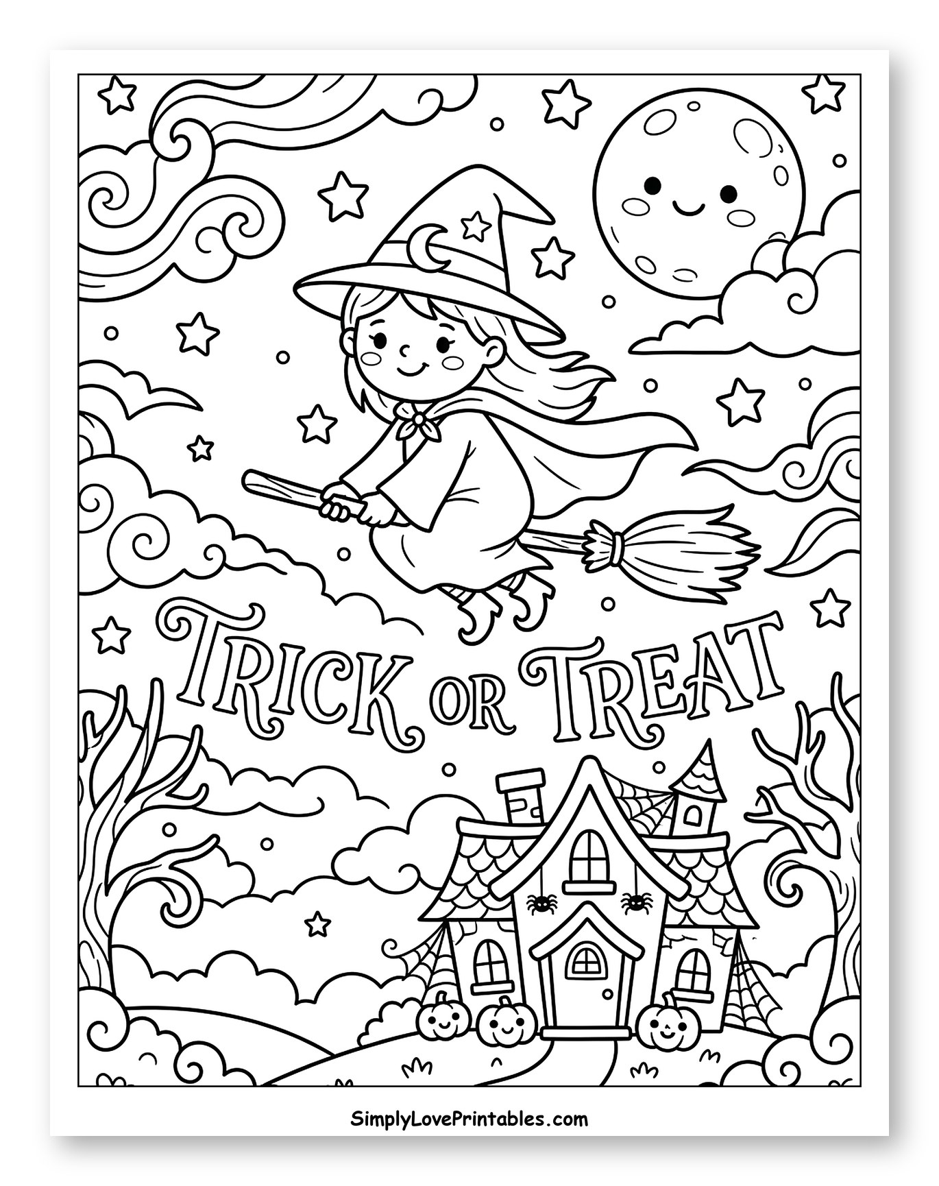 Cute Witch Flying with a Friendly Moon