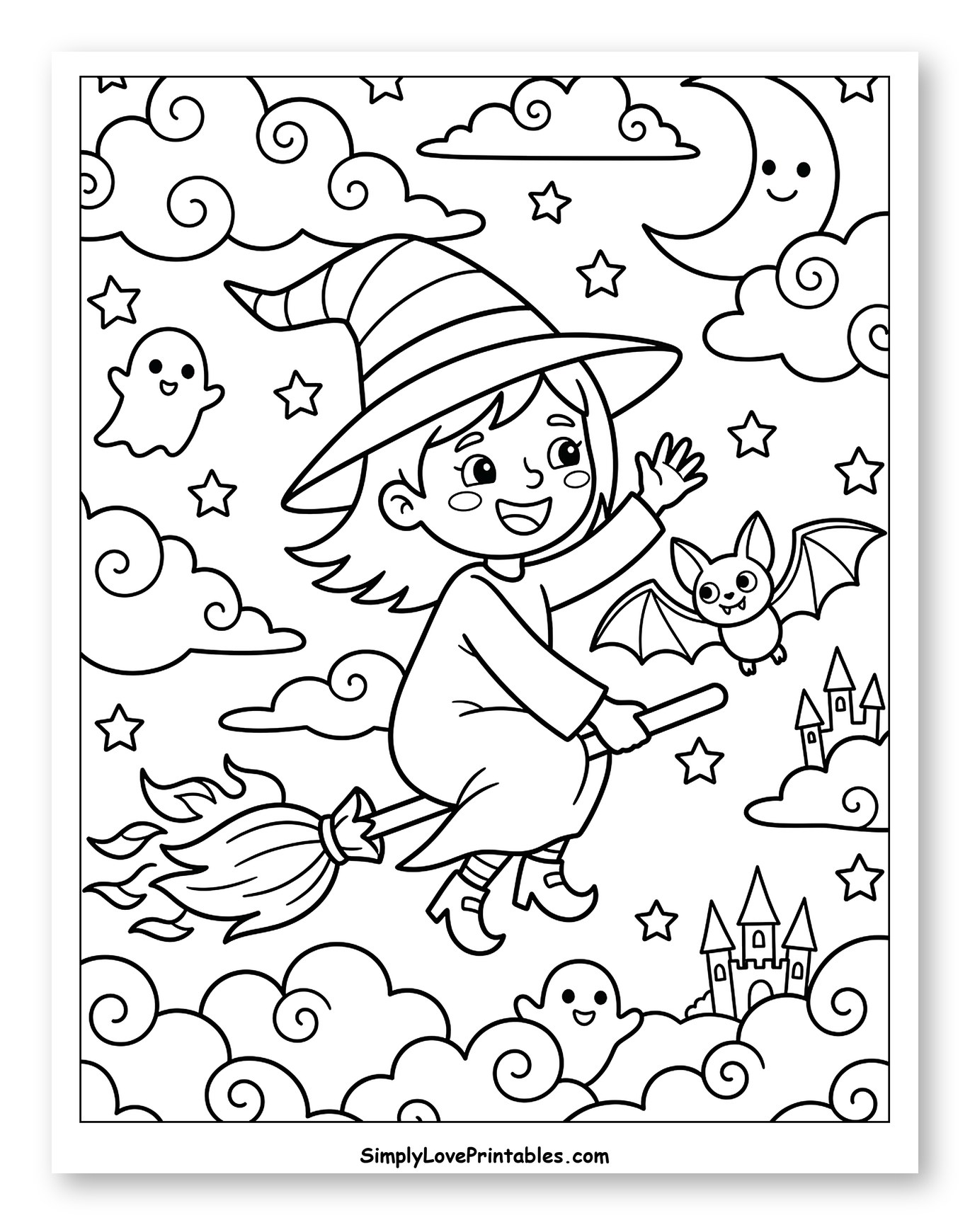 Cute Witch Flying with Bat and Ghosts
