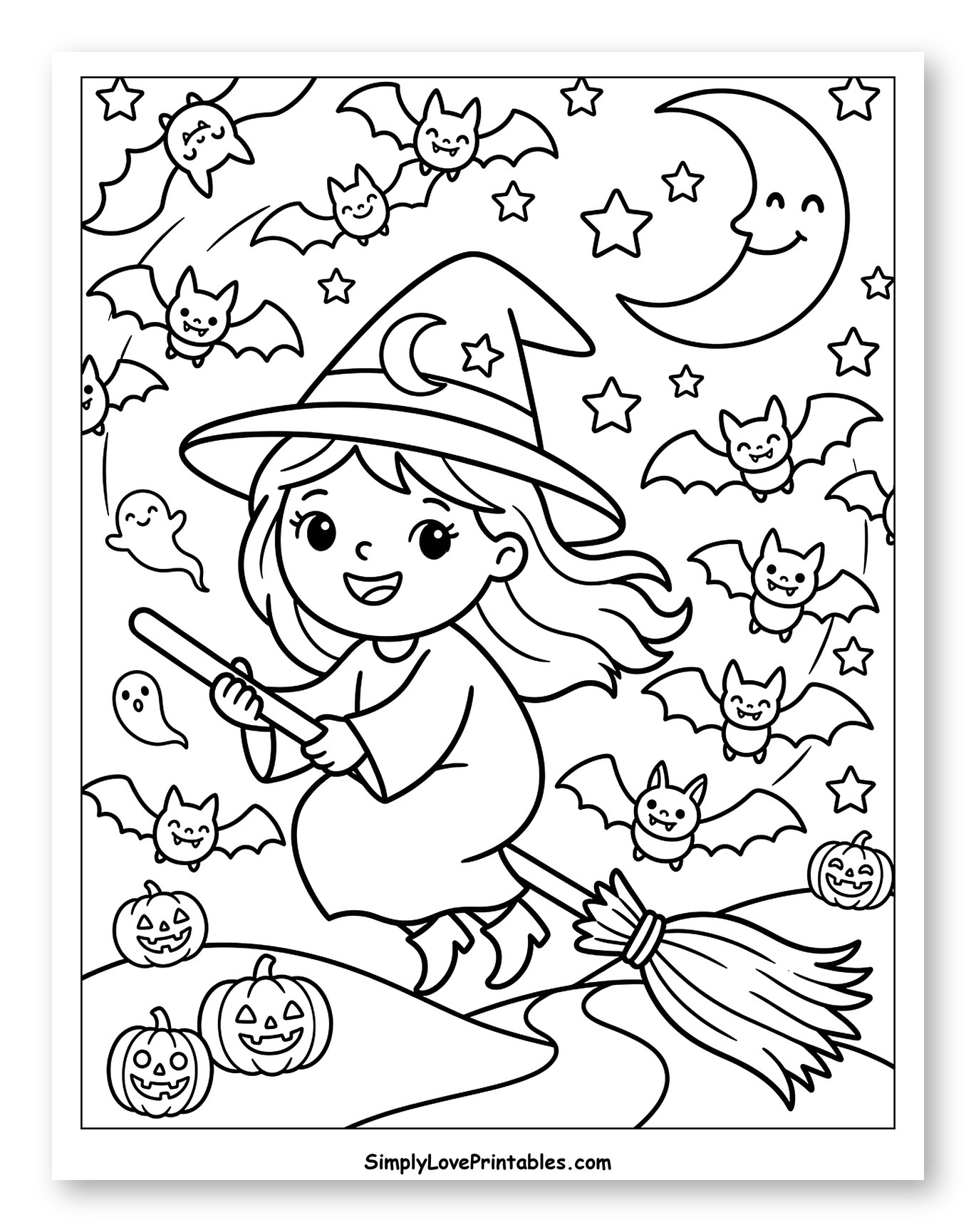 Cute Witch Flying with Halloween Friends