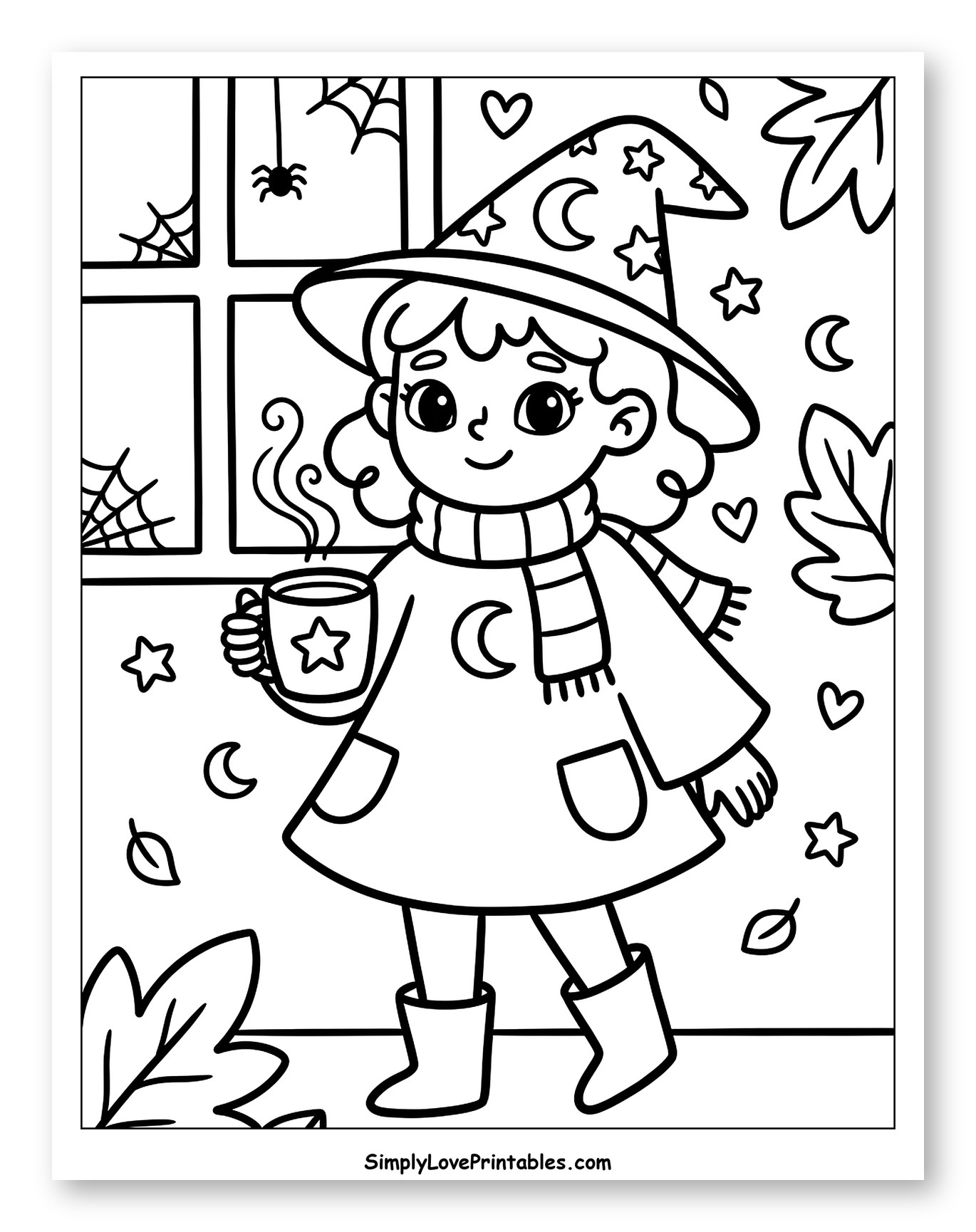 Cute Witch Girl with Hot Cocoa Coloring Page for Adults