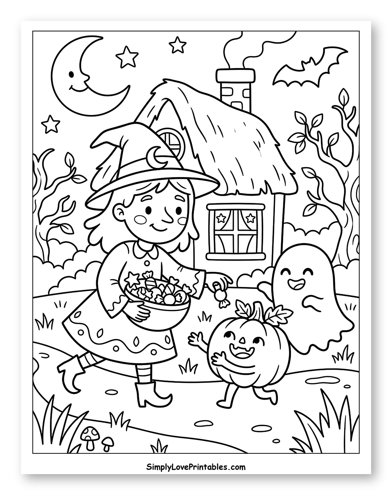 Cute Witch Giving Treats to Pumpkin Ghost