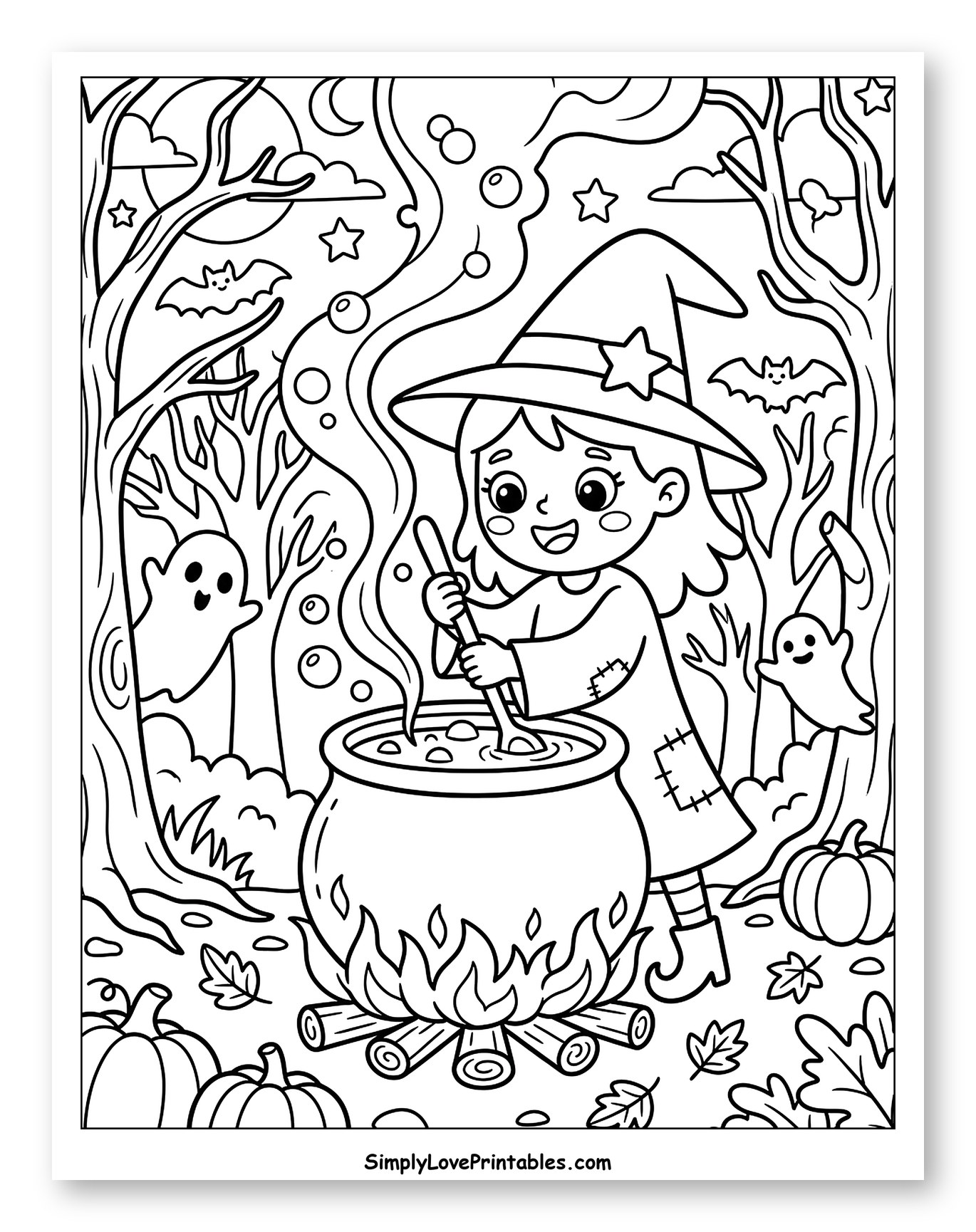 Cute Witch Stirring Cauldron in Spooky Forest