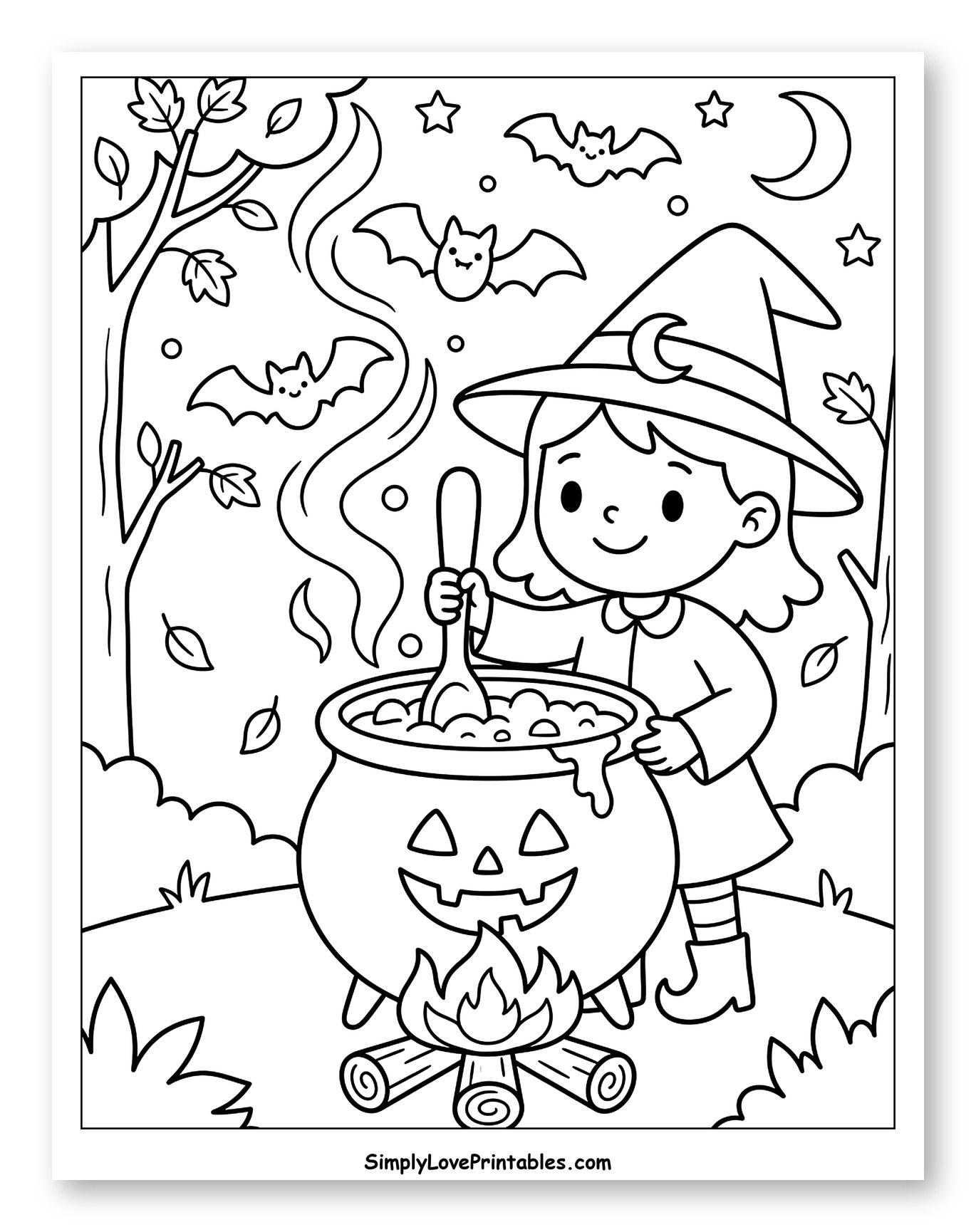 Cute Witch Stirring Cauldron with Bats