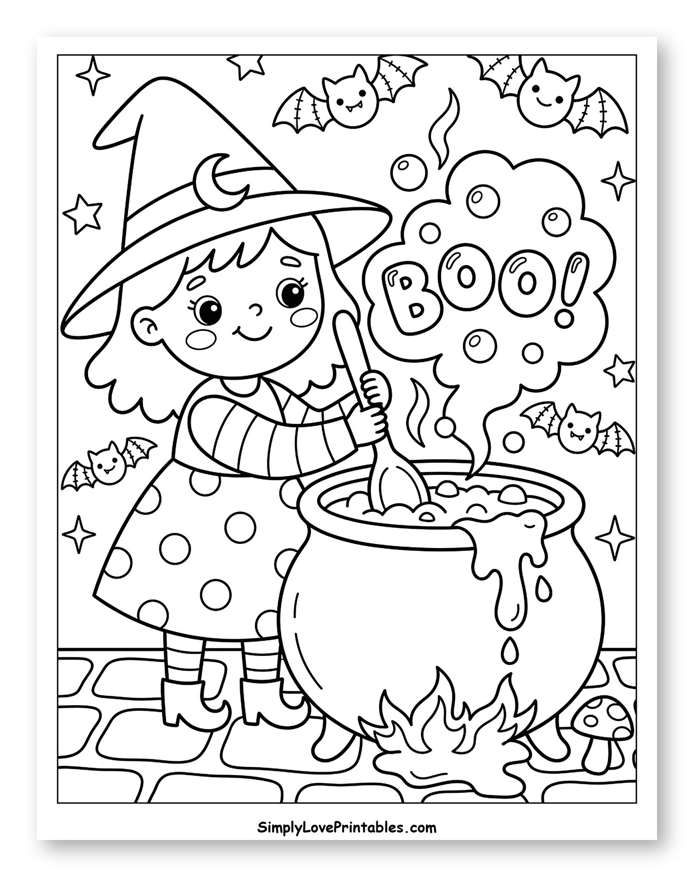 Cute Witch Stirring Cauldron with BOO! to Color for Kids