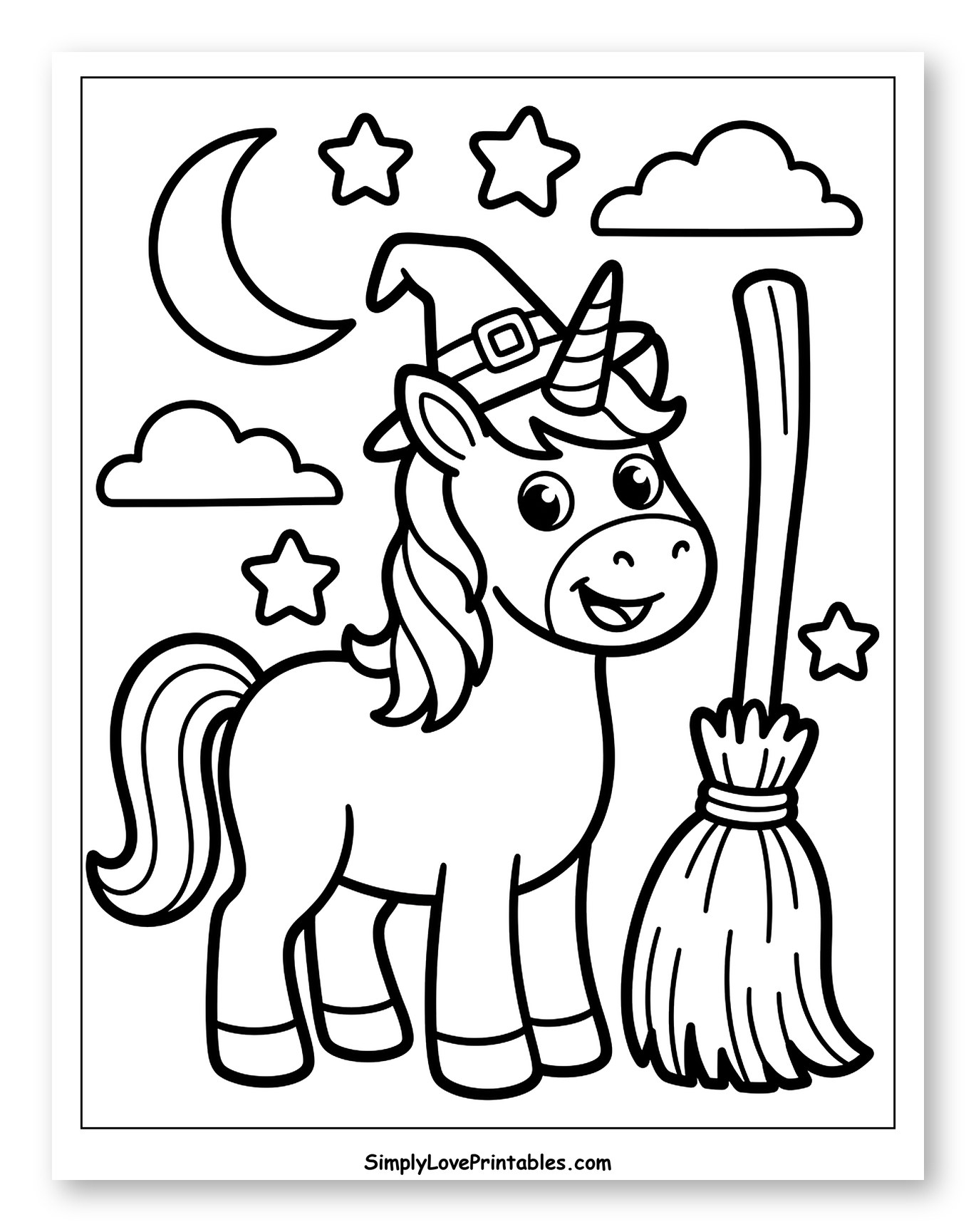 Cute Witch Unicorn with Broom and Moon