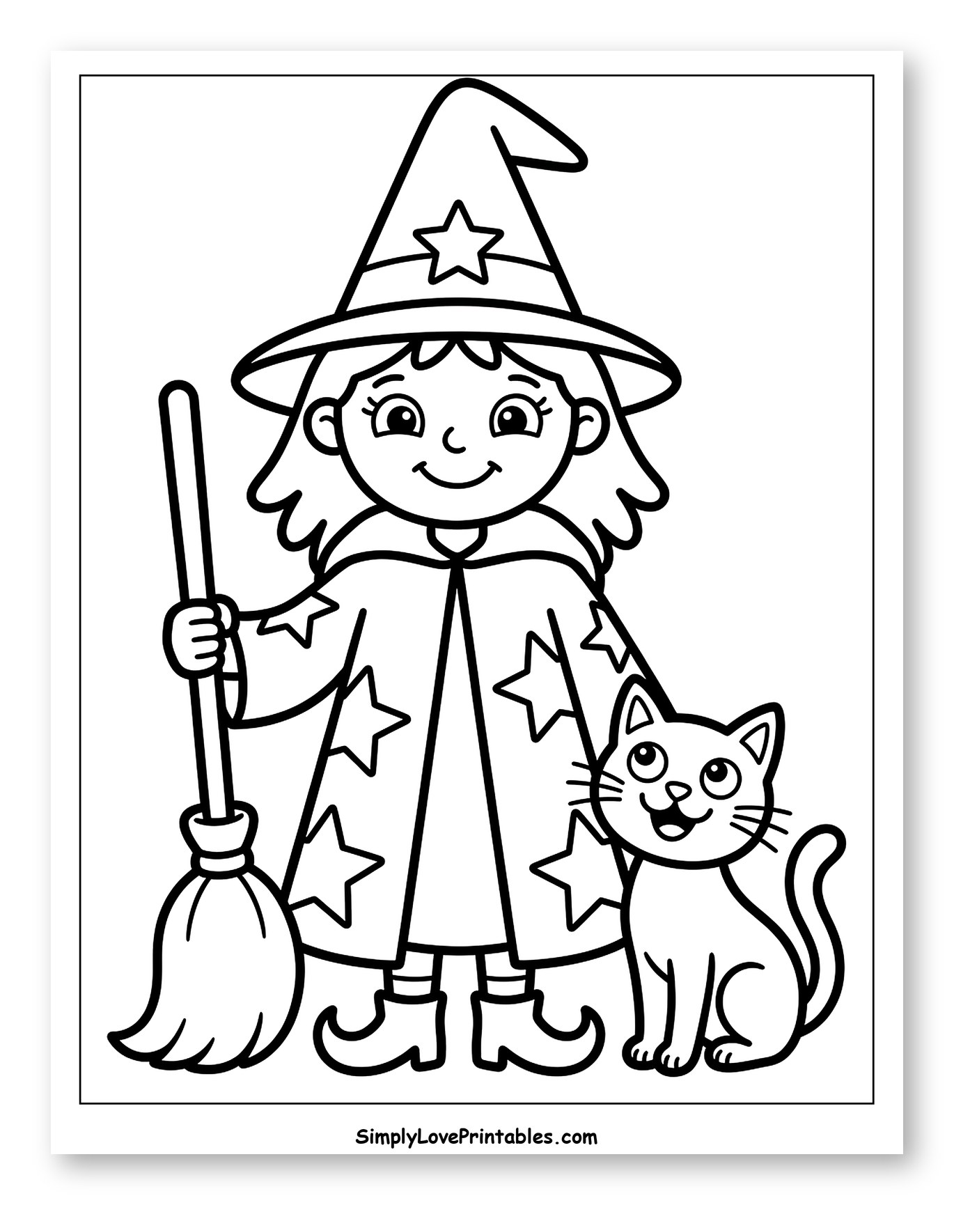 Cute Witch with Broom and Cat