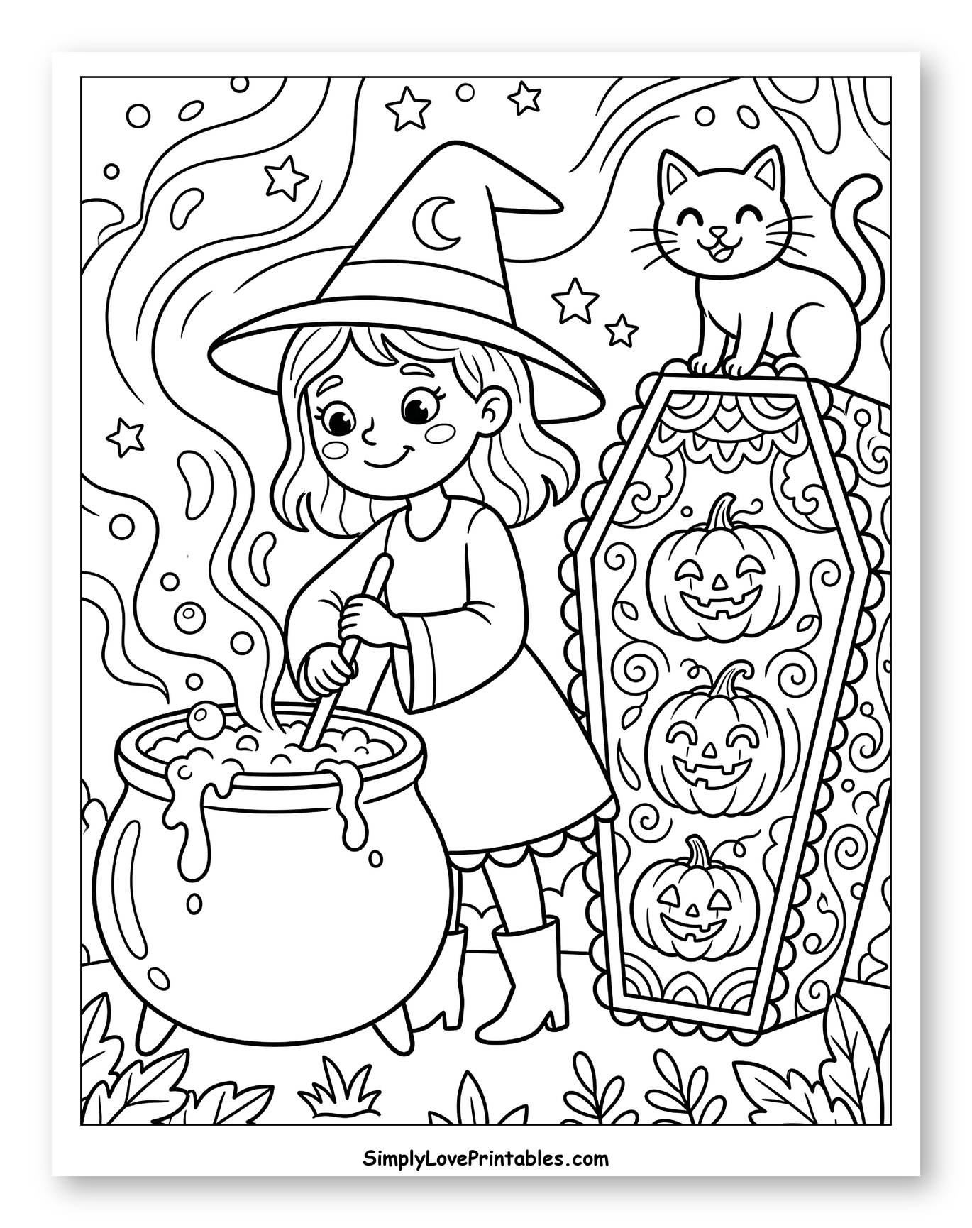 Cute Witch with Cauldron, Cat, and Decorated Coffin Coloring Sheet for Kids